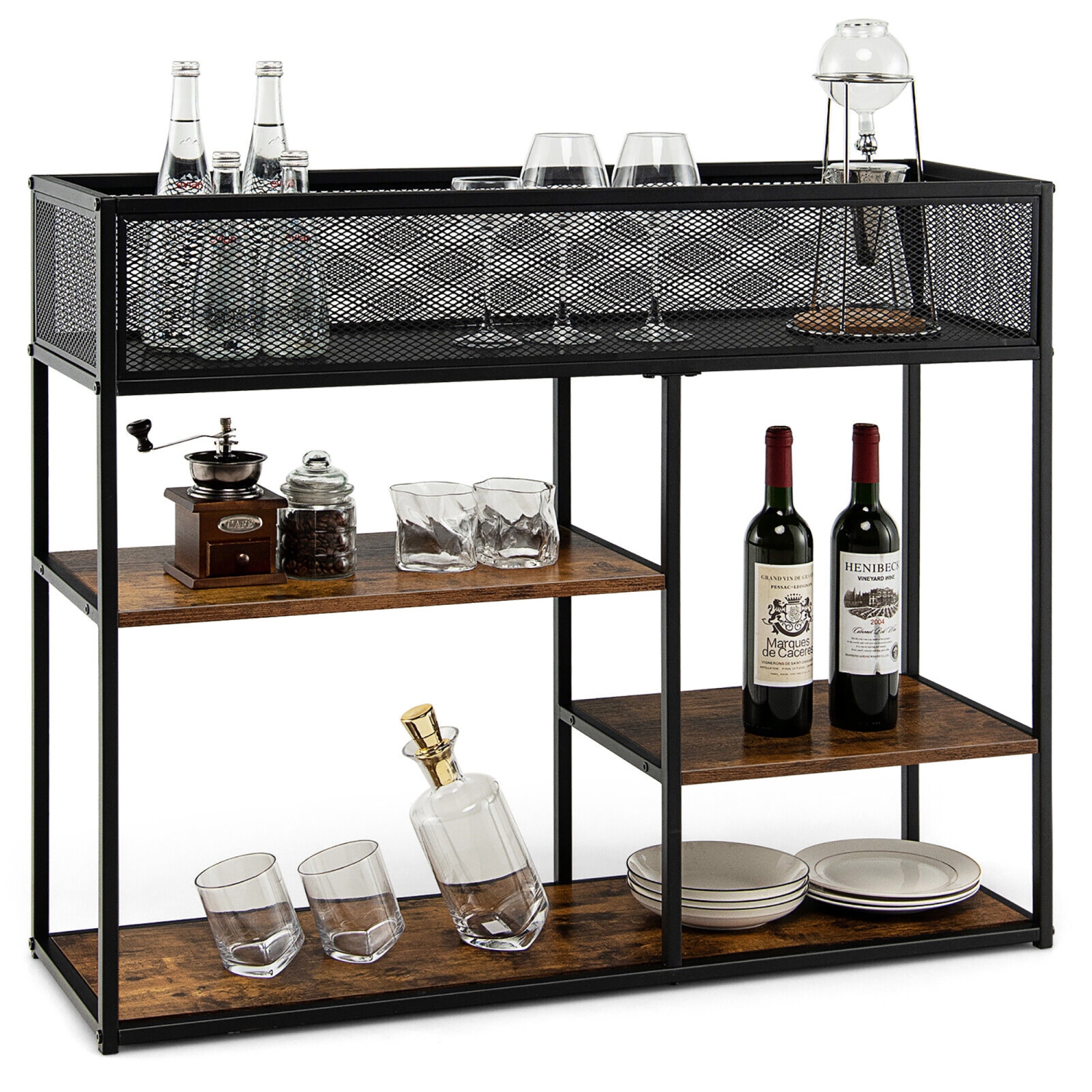 Gymax 4-Tier Console Table w/ Wire Basket Narrow Sofa Table w/ shelf Industrial Bookcase