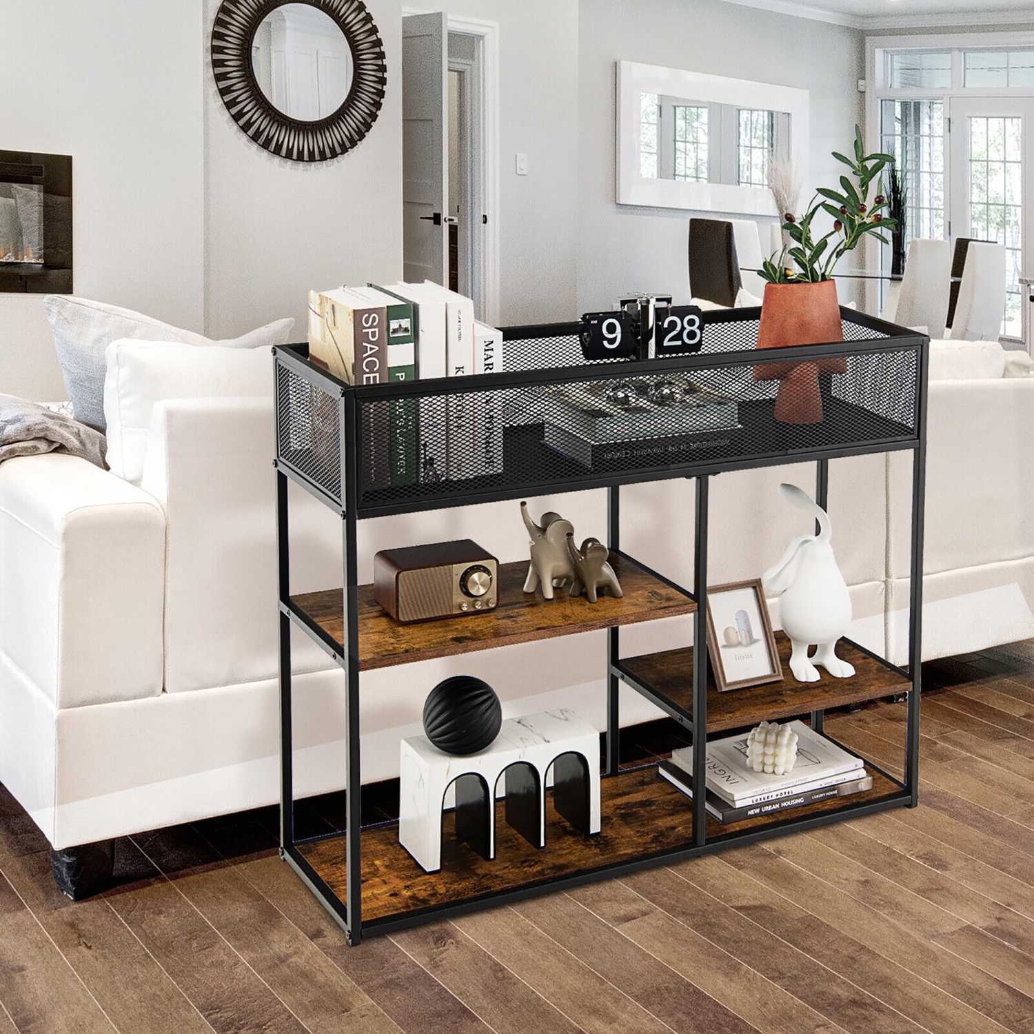 Gymax 4-Tier Console Table w/ Wire Basket Narrow Sofa Table w/ shelf Industrial Bookcase