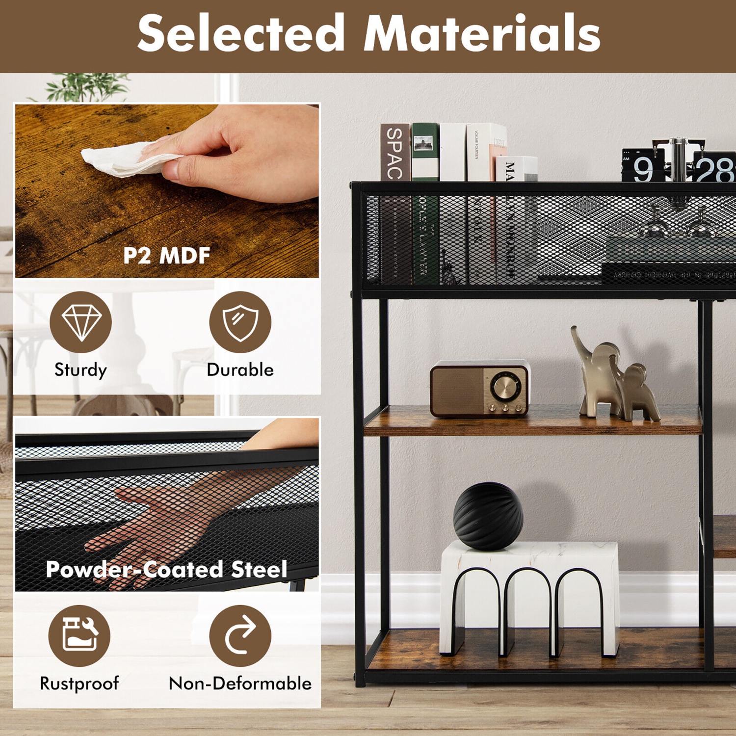 Gymax 4-Tier Console Table w/ Wire Basket Narrow Sofa Table w/ shelf Industrial Bookcase