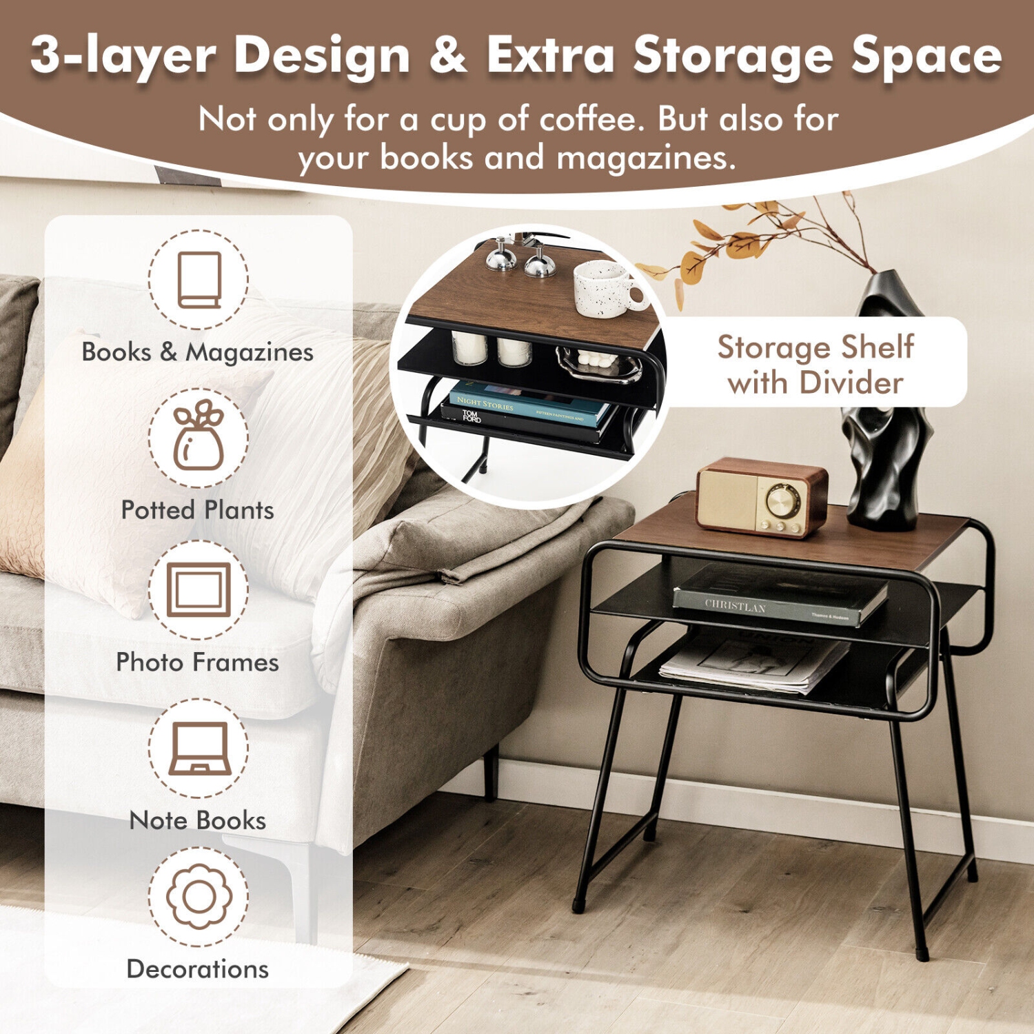 Gymax 2 PCS 3-tier Side End Sofa Display Table Nightstand for Bedroom Living Room