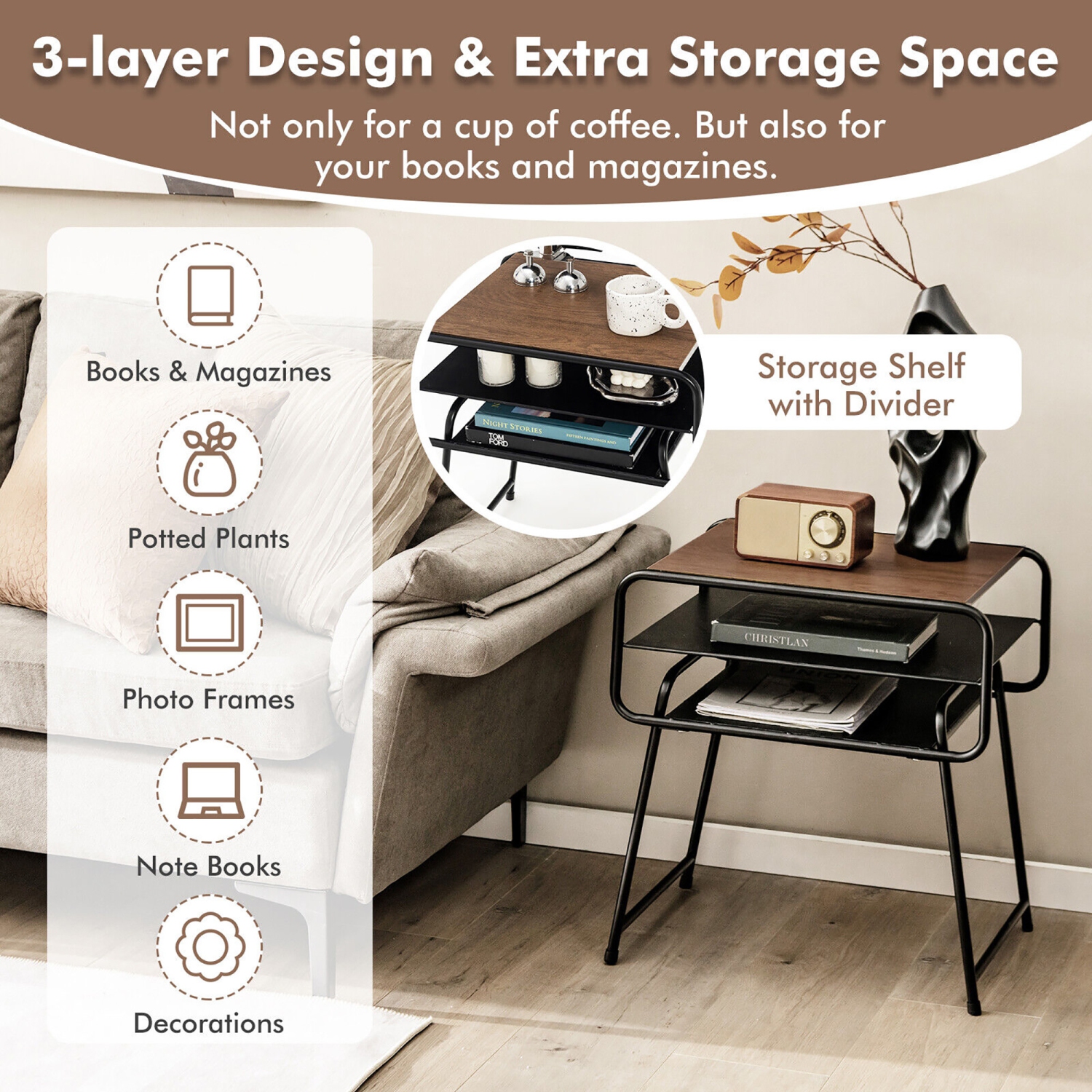 Gymax 3-tier Side End Sofa Display Table Compact Nightstand for Bedroom Living Room