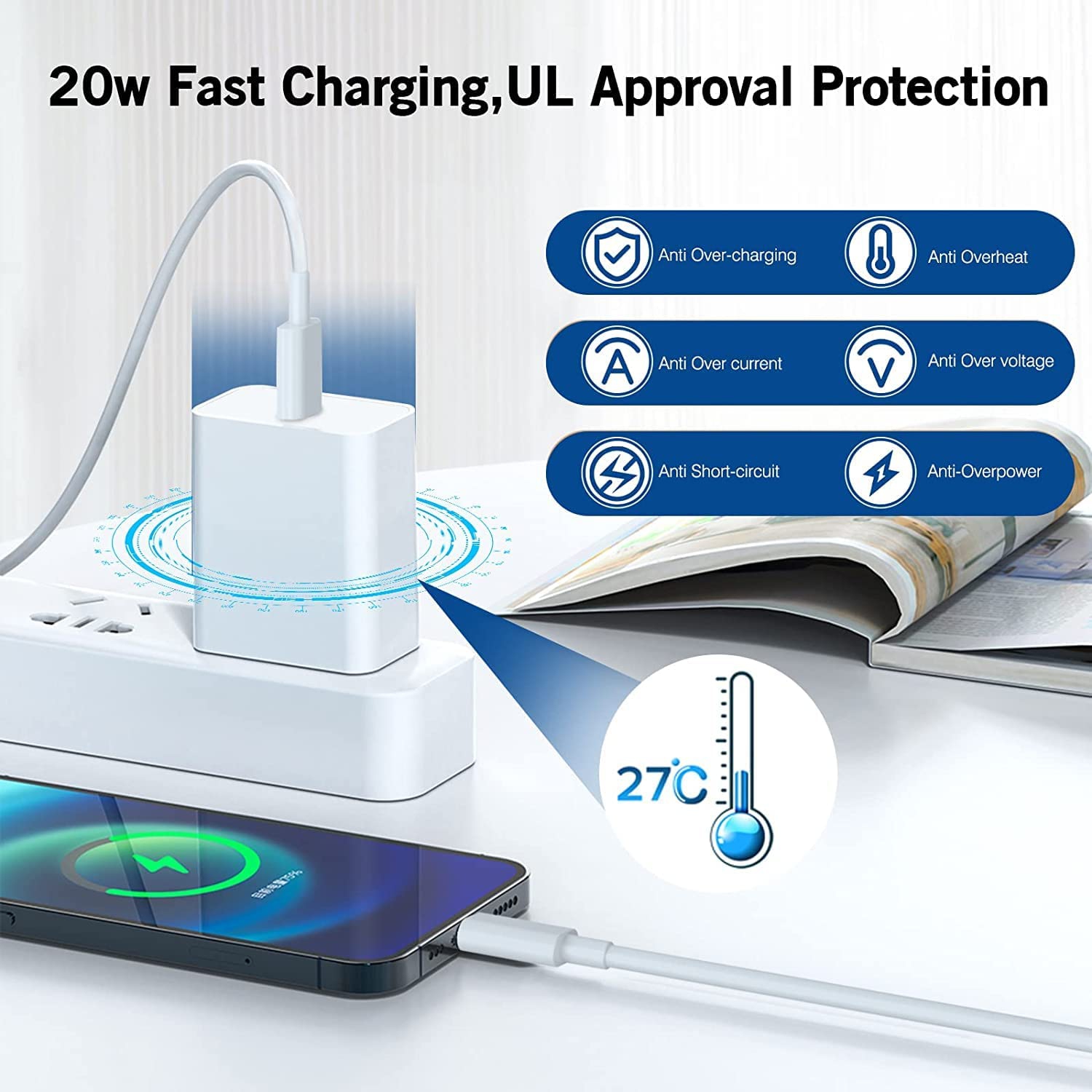 2 blocs de chargement rapide iPhone 14 13 12, adaptateur d’alimentation USB-C 20 W, chargeur mural iPhone à prise de chargement rapide type C