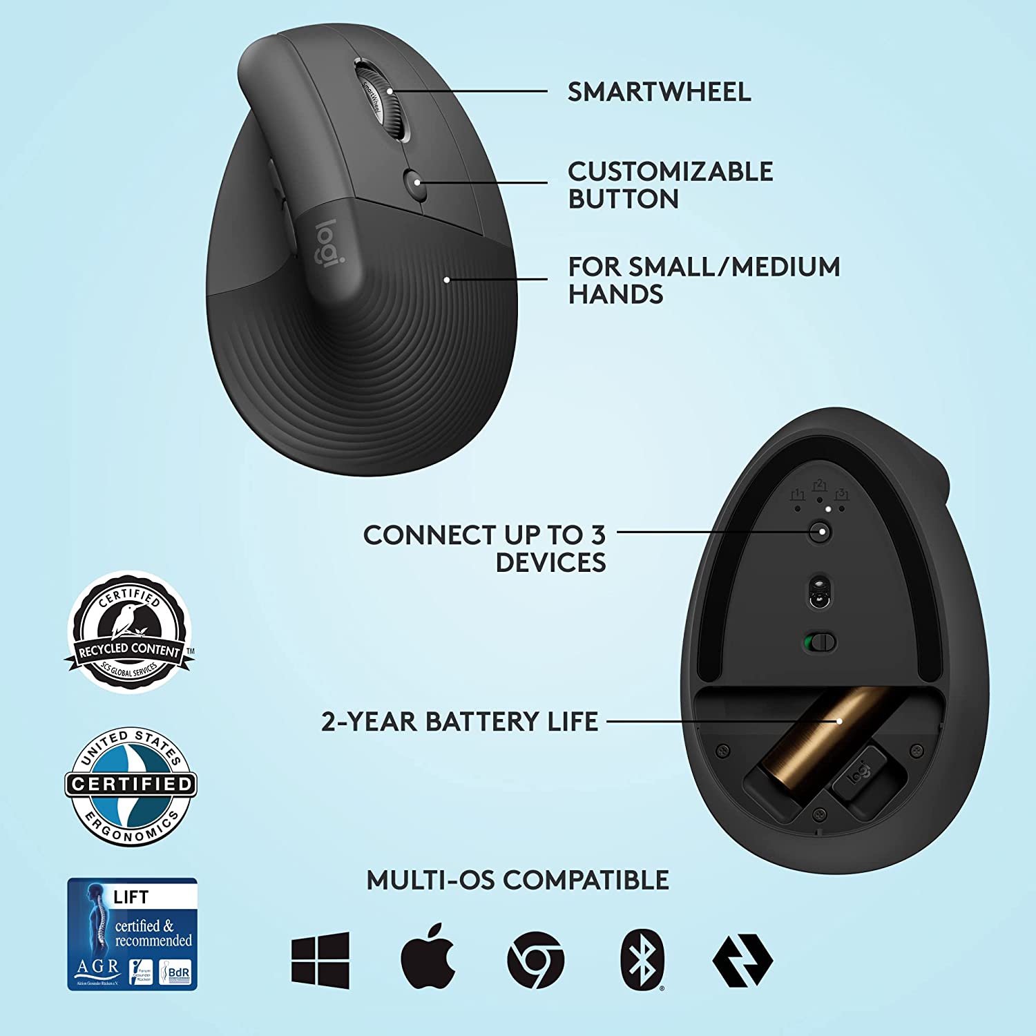 Logitech Lift Vertical Ergonomic Mouse, Wireless, Bluetooth or Logi Bolt USB receiver, Quiet clicks, 4 buttons, compatible with Windows/macOS/iPadOS,