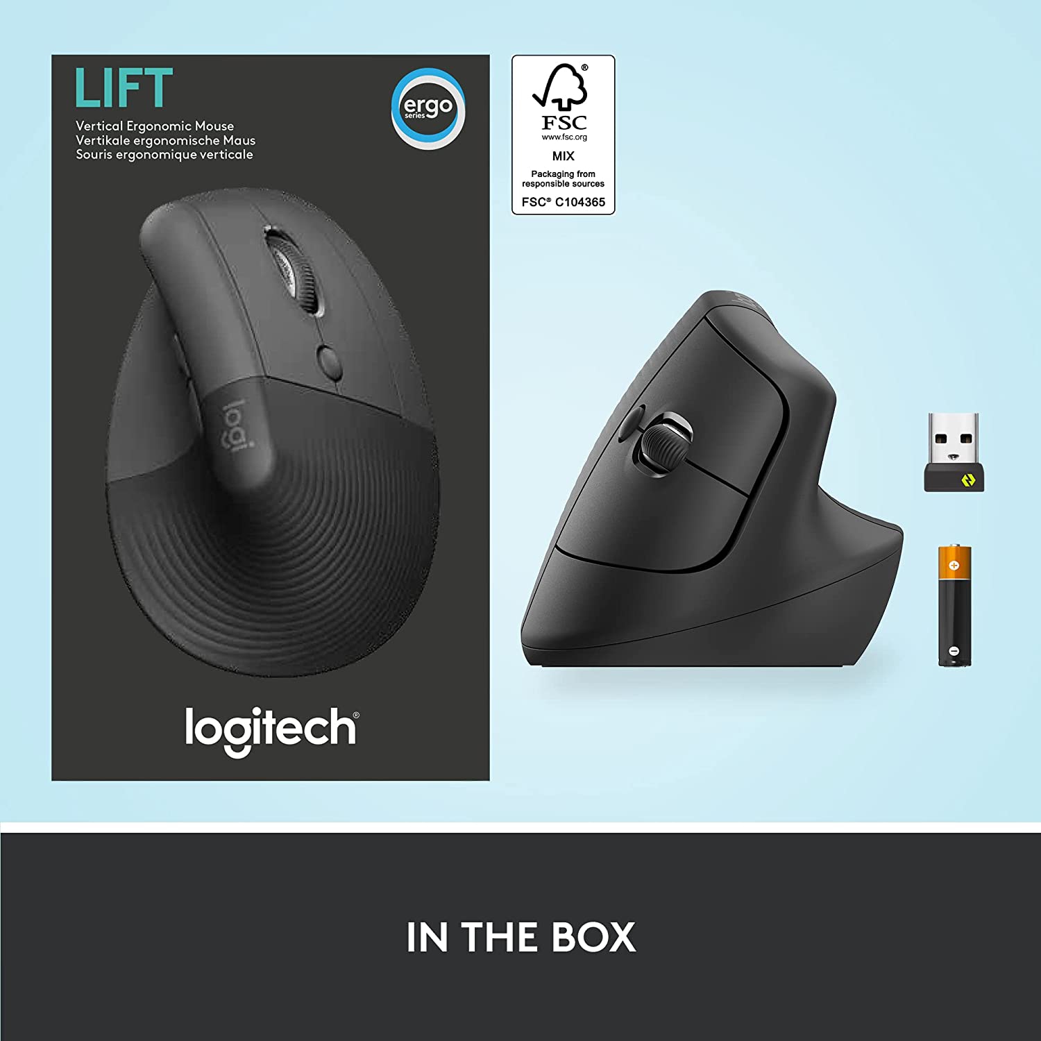 Logitech Lift Vertical Ergonomic Mouse, Wireless, Bluetooth or