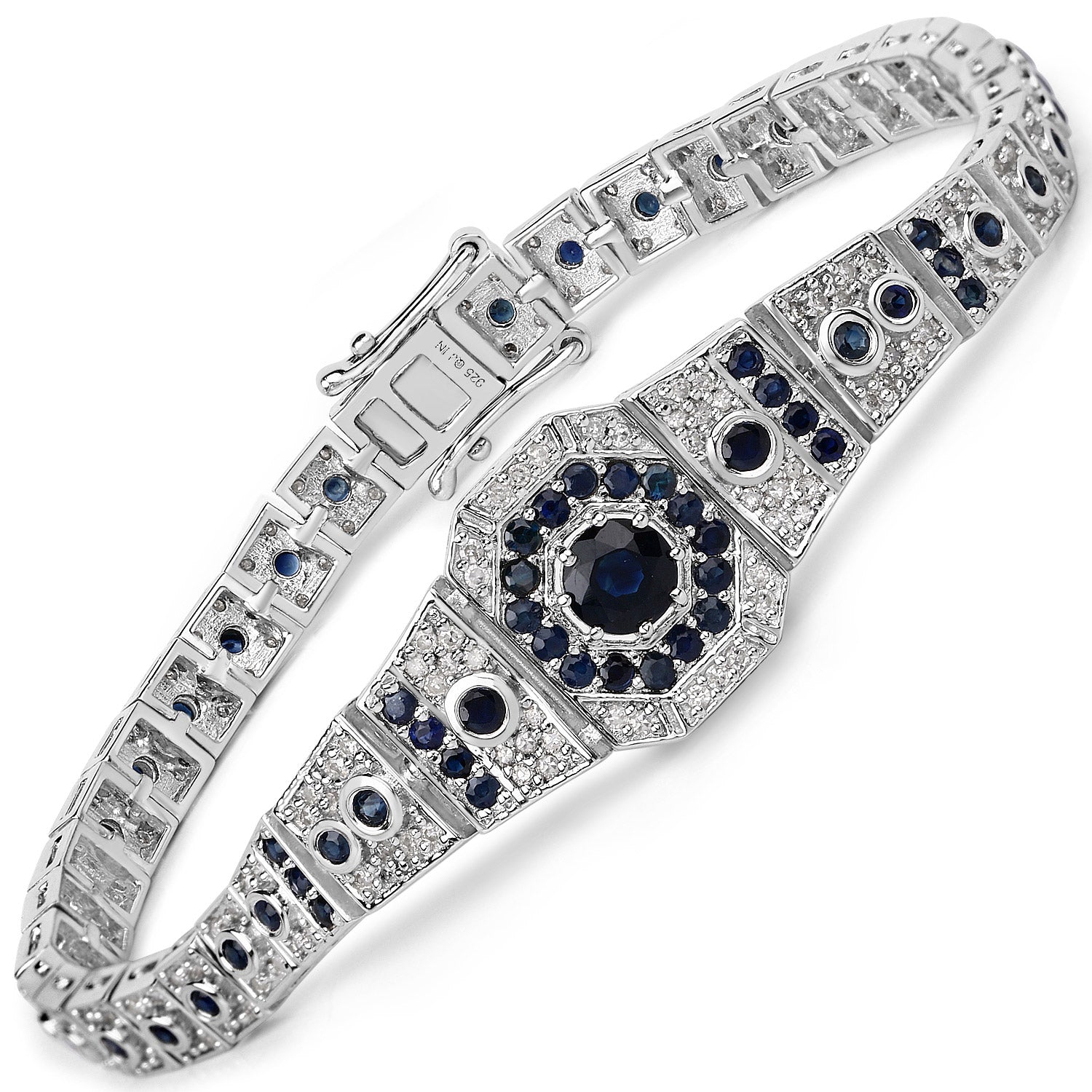 3.79 Carat Genuine Blue Sapphire And White Diamond .925 Sterling Silver Bracelet