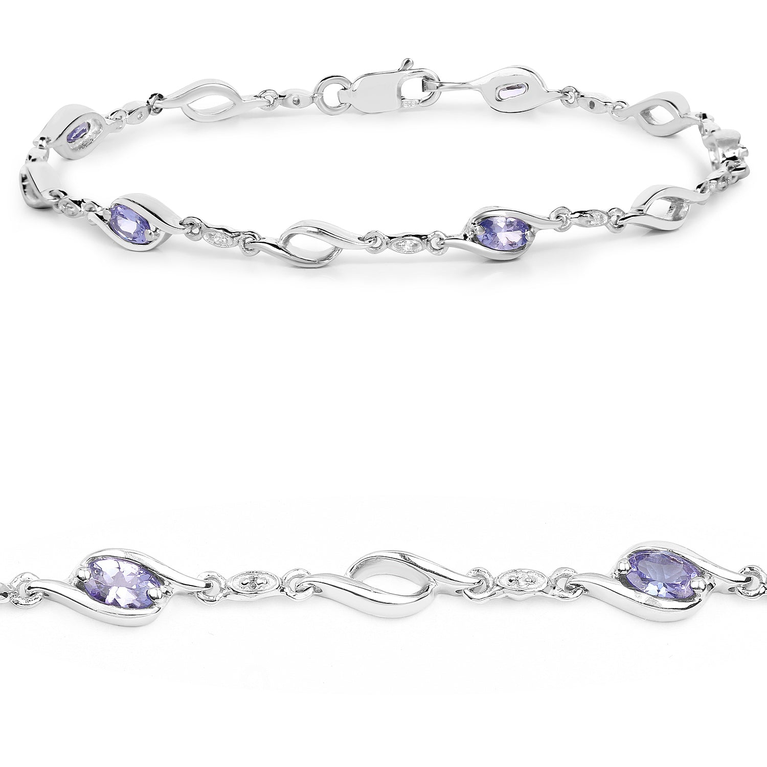 Bracelet en argent sterling 0,925 avec tanzanite véritable et topaze blanche 1.30 carats