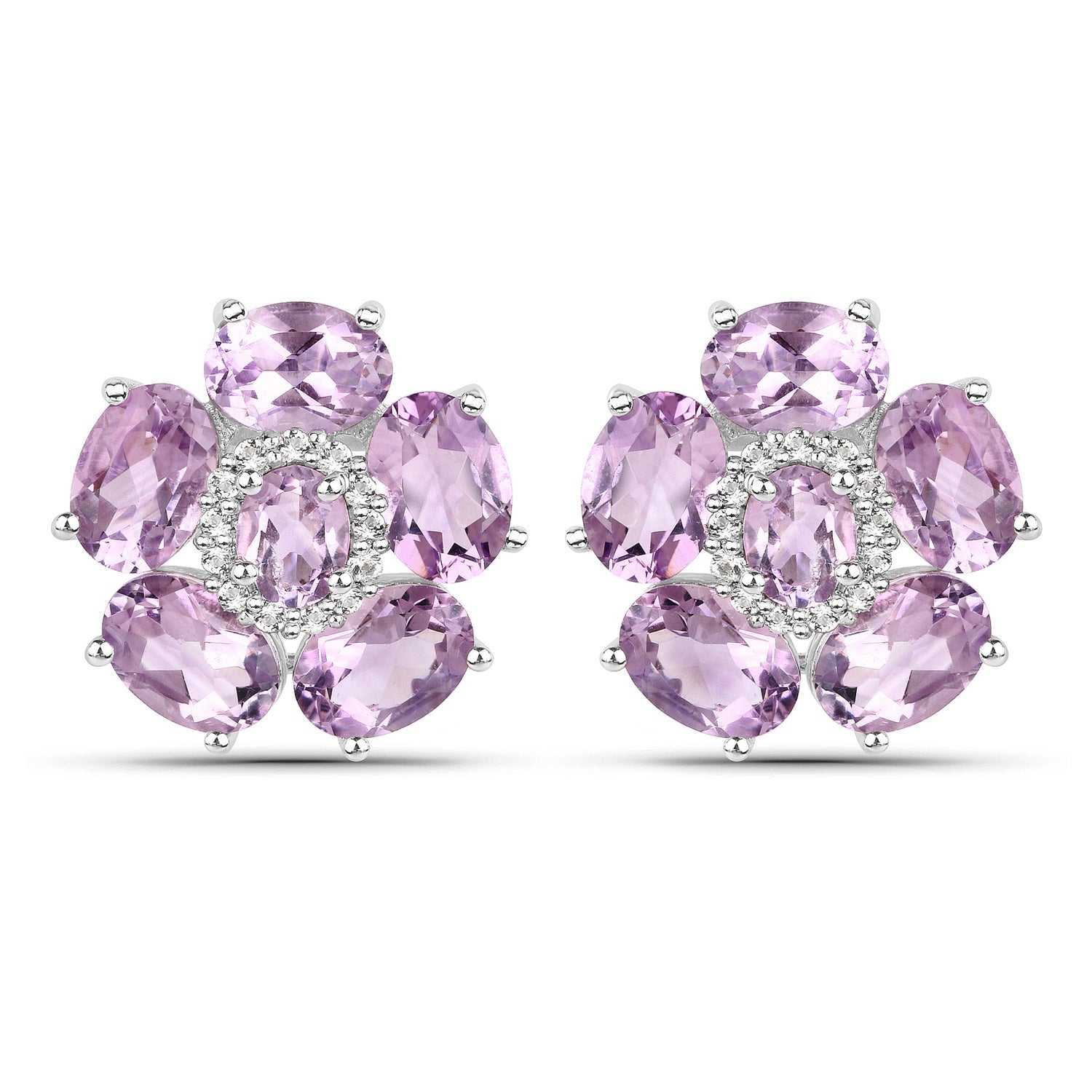 18k White Gold Plated 7.74 Carat Genuine Pink Amethyst And White Topaz .925 Sterling Silver Earrings