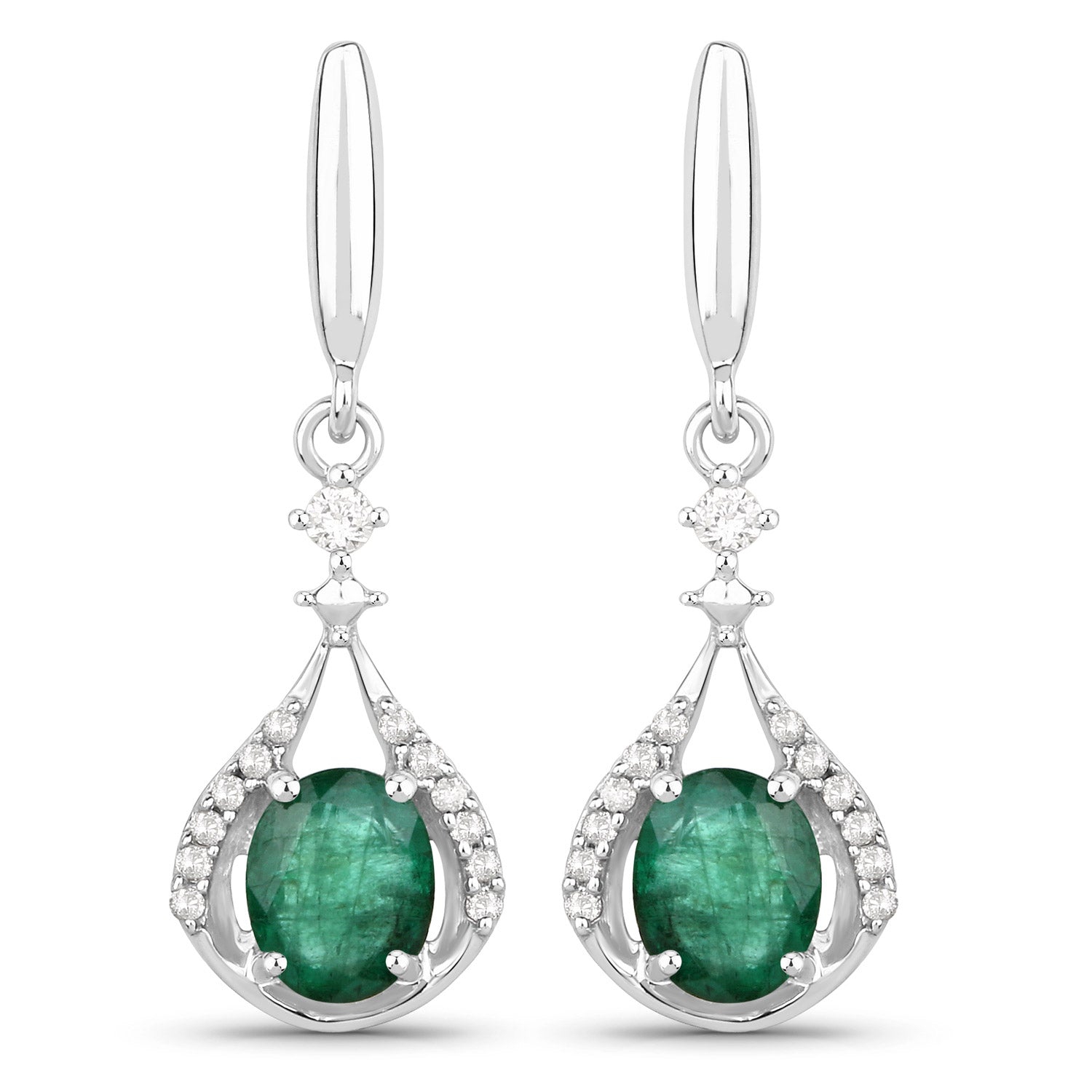 0.70 Carat Genuine Zambian Emerald And White Diamond 14k White Gold Earrings