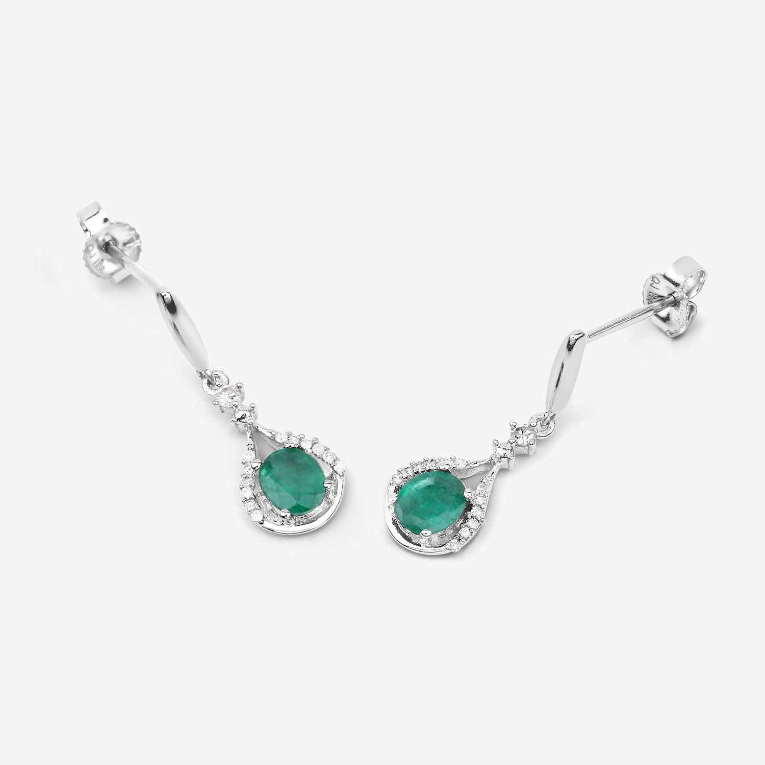 0.70 Carat Genuine Zambian Emerald And White Diamond 14k White Gold Earrings