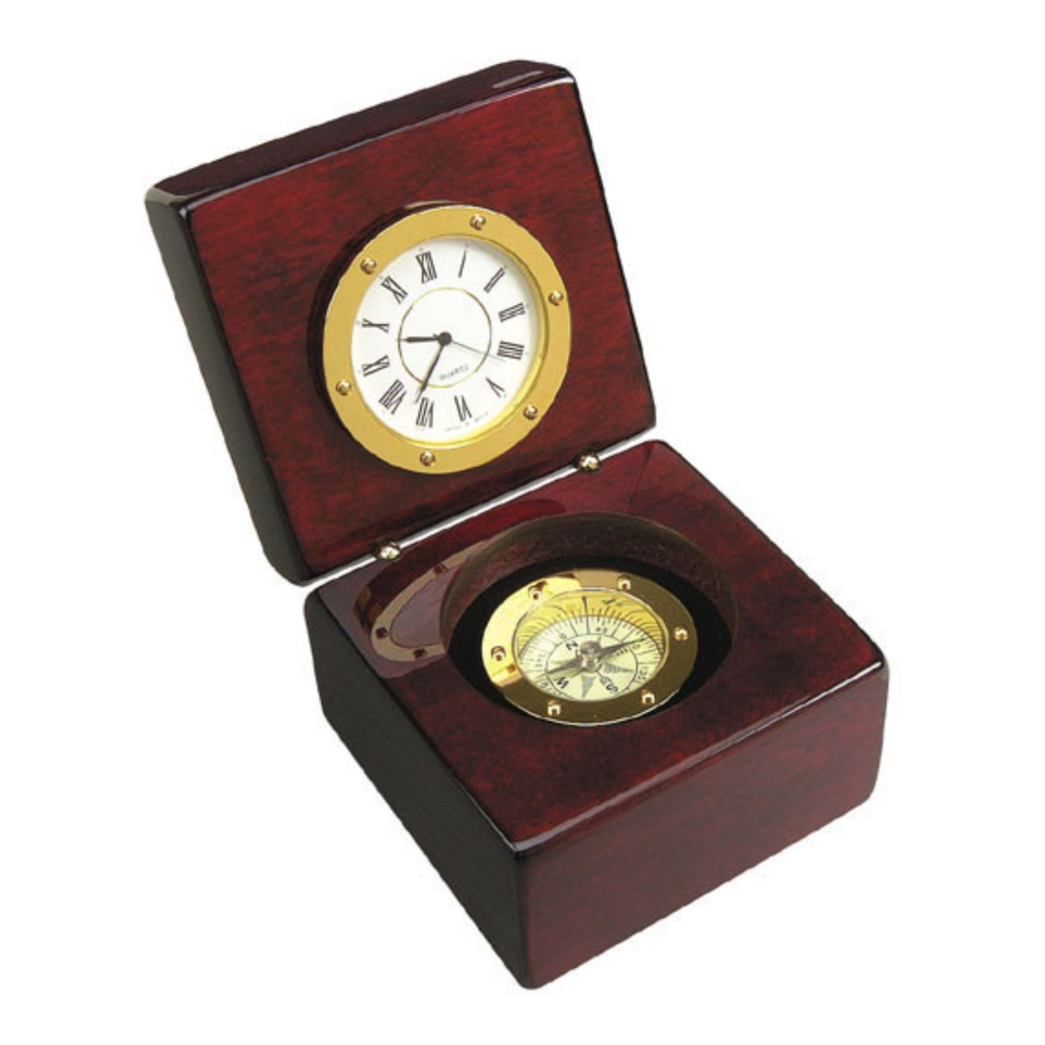 Jiallo Navigator Modern Wood Clock and Compass in Brown/Gold