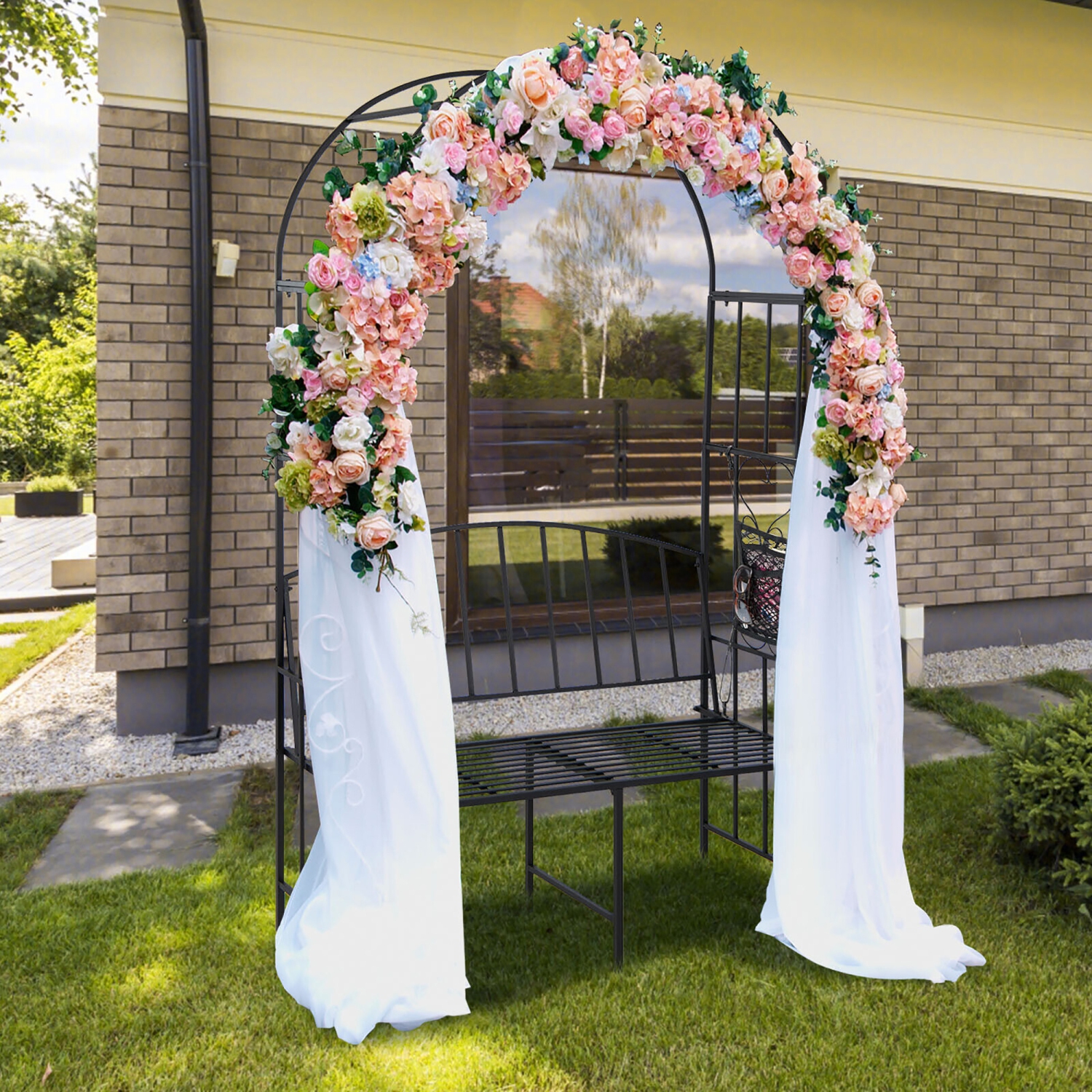 Gymax Steel Garden Arch w/ 2-Seat Bench 6'7''H x 3'8''W Outdoor Arbor for Climbing Plants