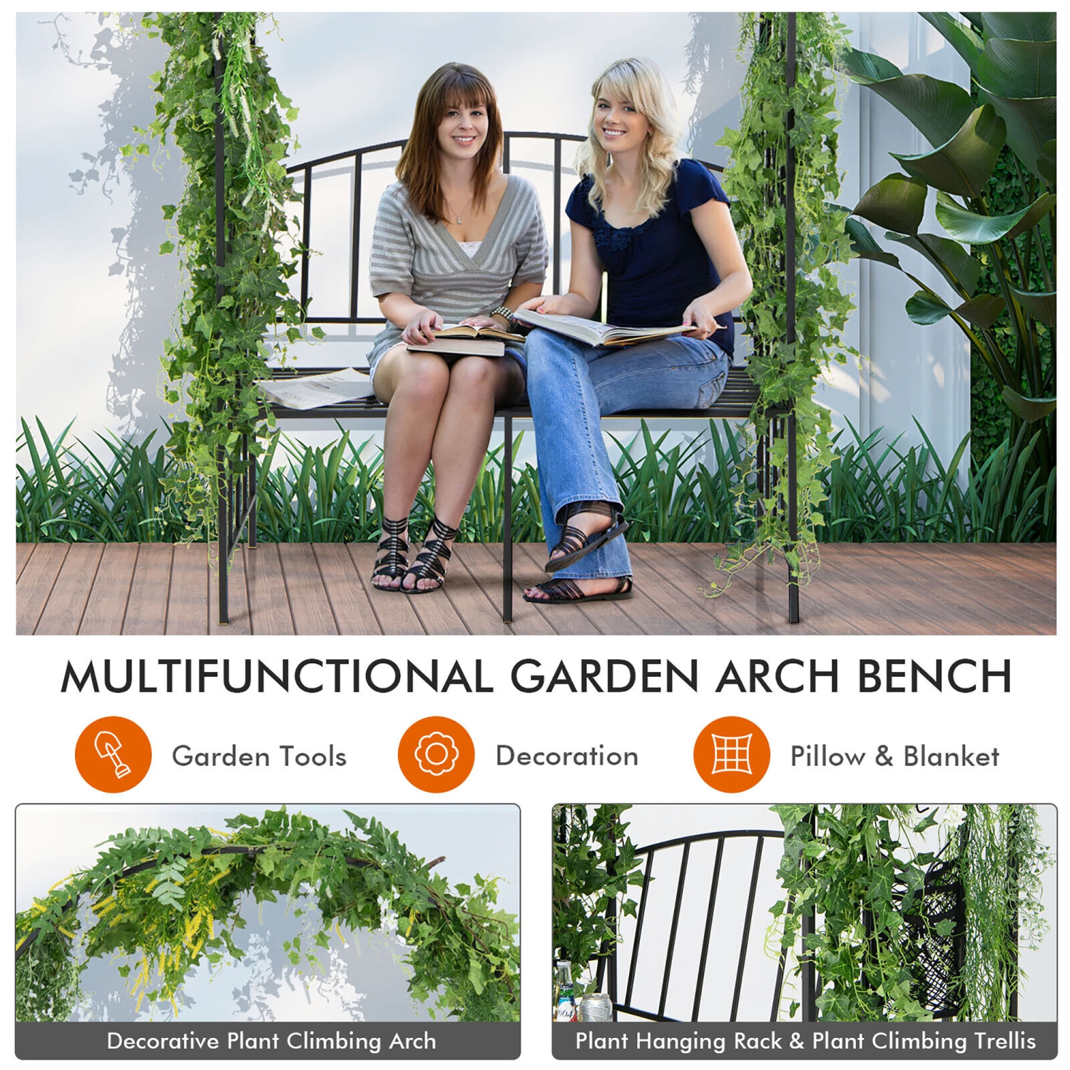 Gymax Steel Garden Arch w/ 2-Seat Bench 6'7''H x 3'8''W Outdoor Arbor for Climbing Plants