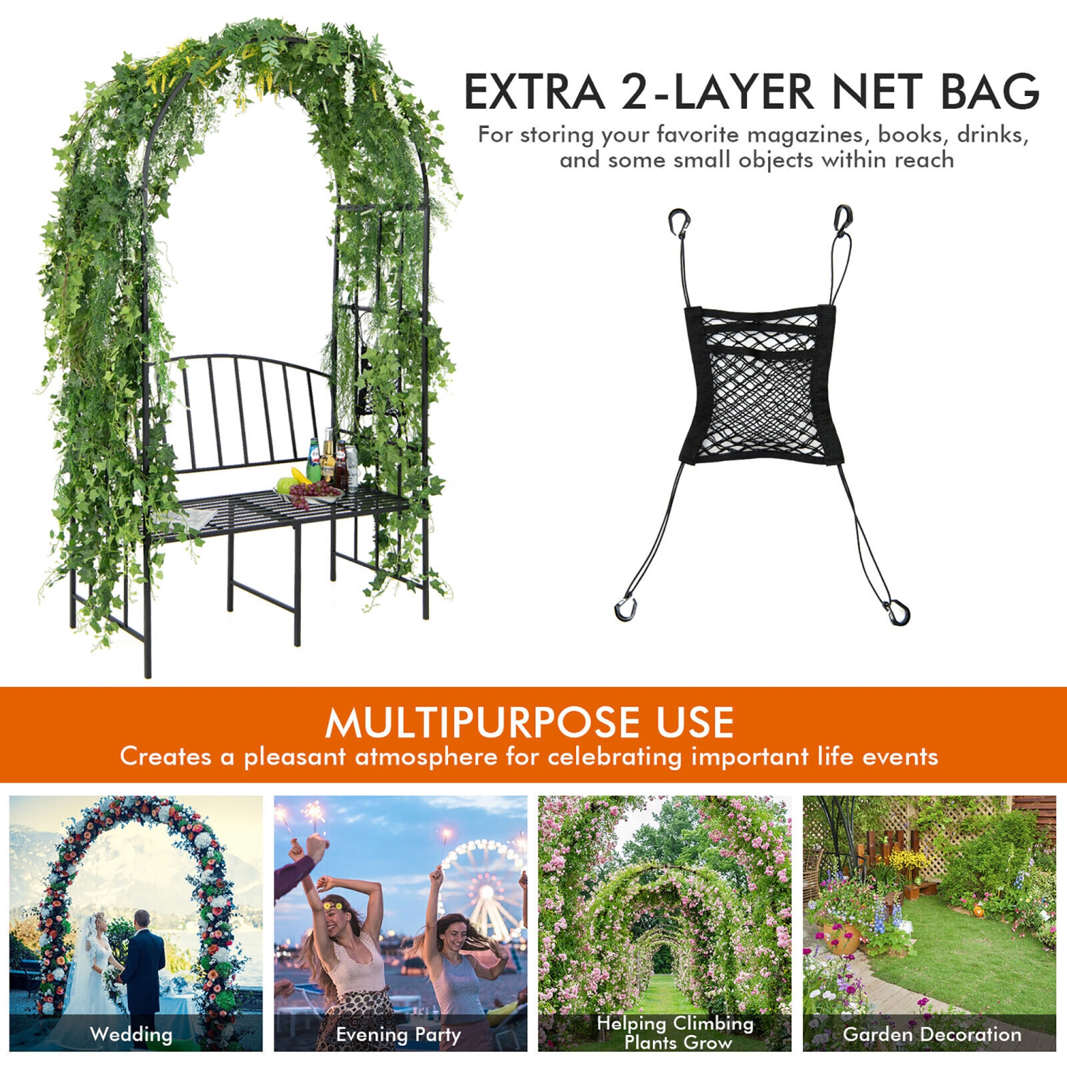 Gymax Steel Garden Arch w/ 2-Seat Bench 6'7''H x 3'8''W Outdoor Arbor for Climbing Plants