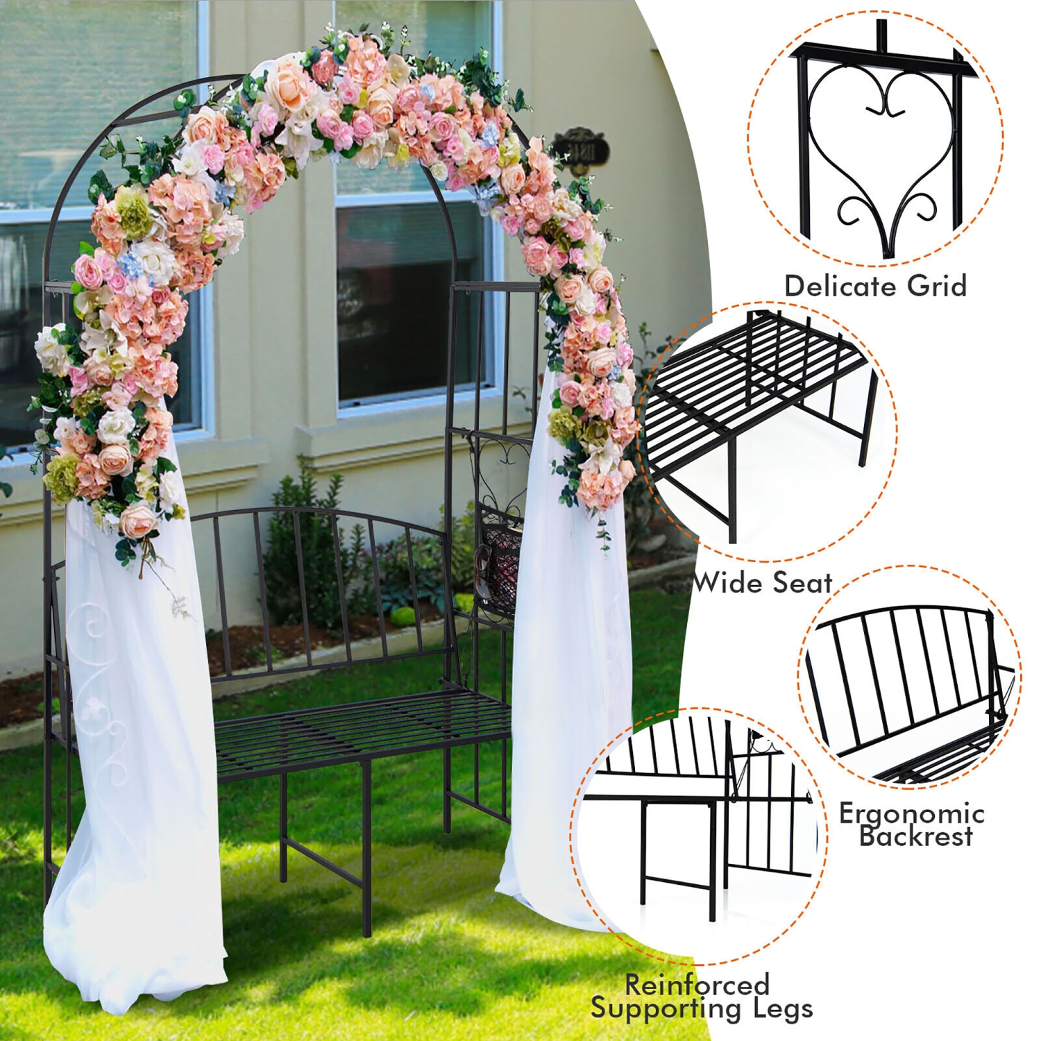 Gymax Steel Garden Arch w/ 2-Seat Bench 6'7''H x 3'8''W Outdoor Arbor for Climbing Plants