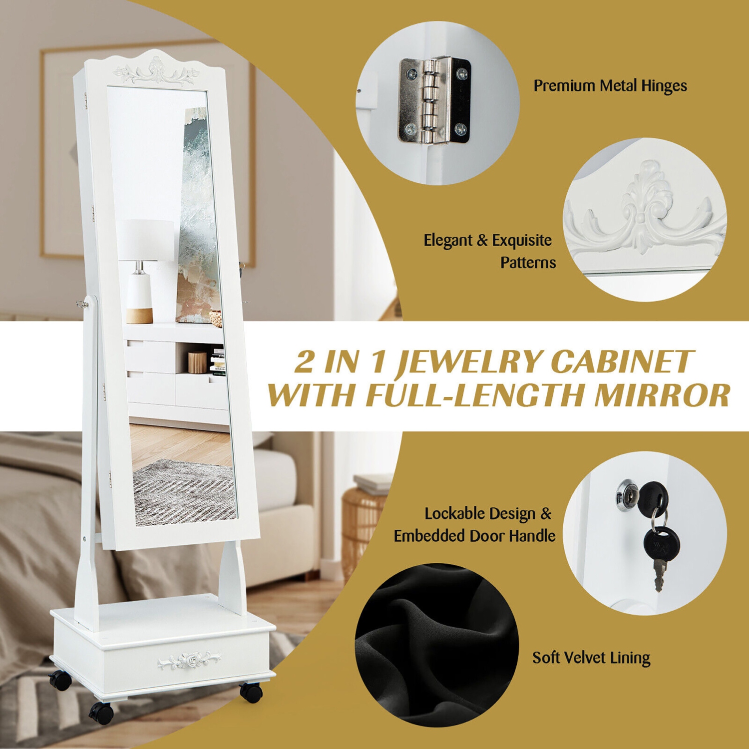 Gymax Rolling Jewelry Cabinet Armoire Full Length LED Mirror Lockable w/ Drawer