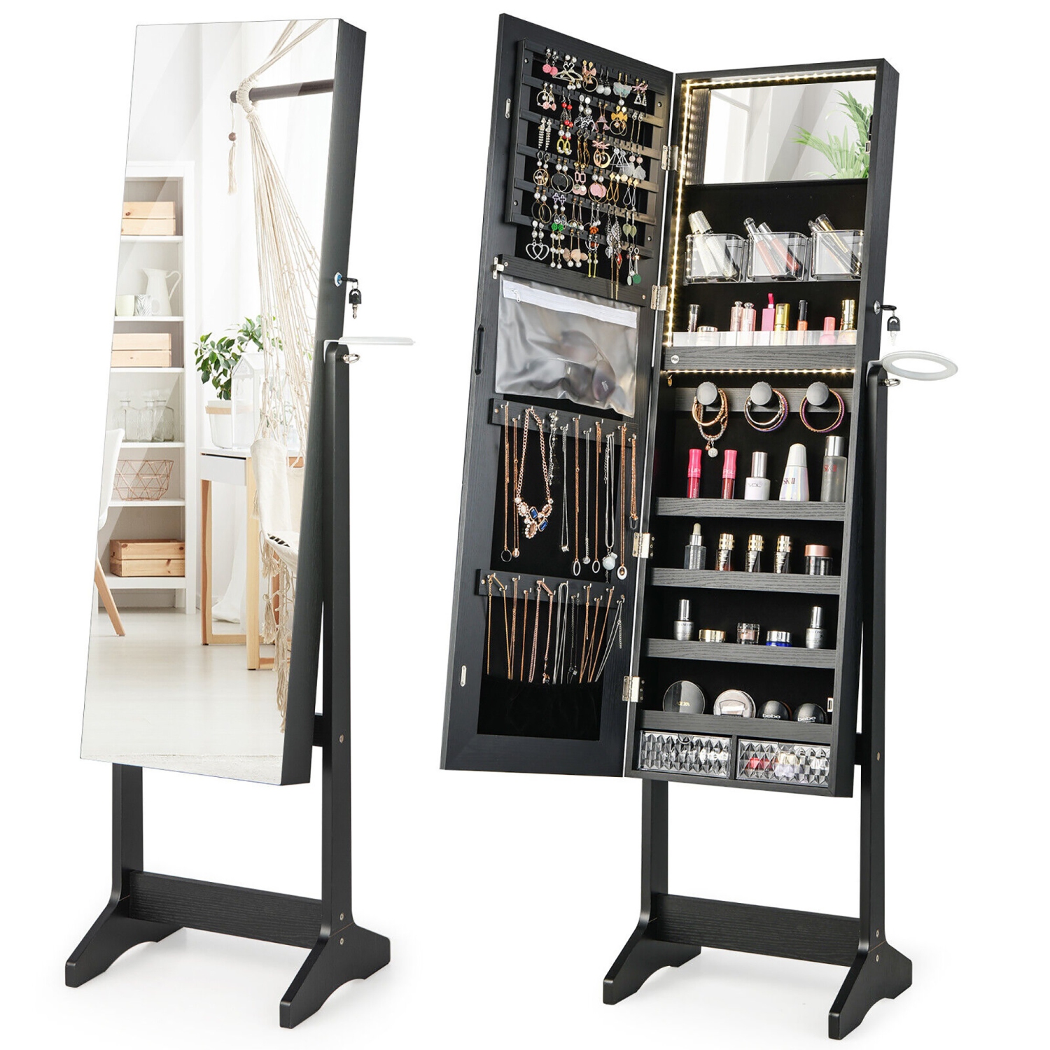 Gymax Standing Jewelry Cabinet Full Length Mirror Lockable w/ 3-Color LED Lights