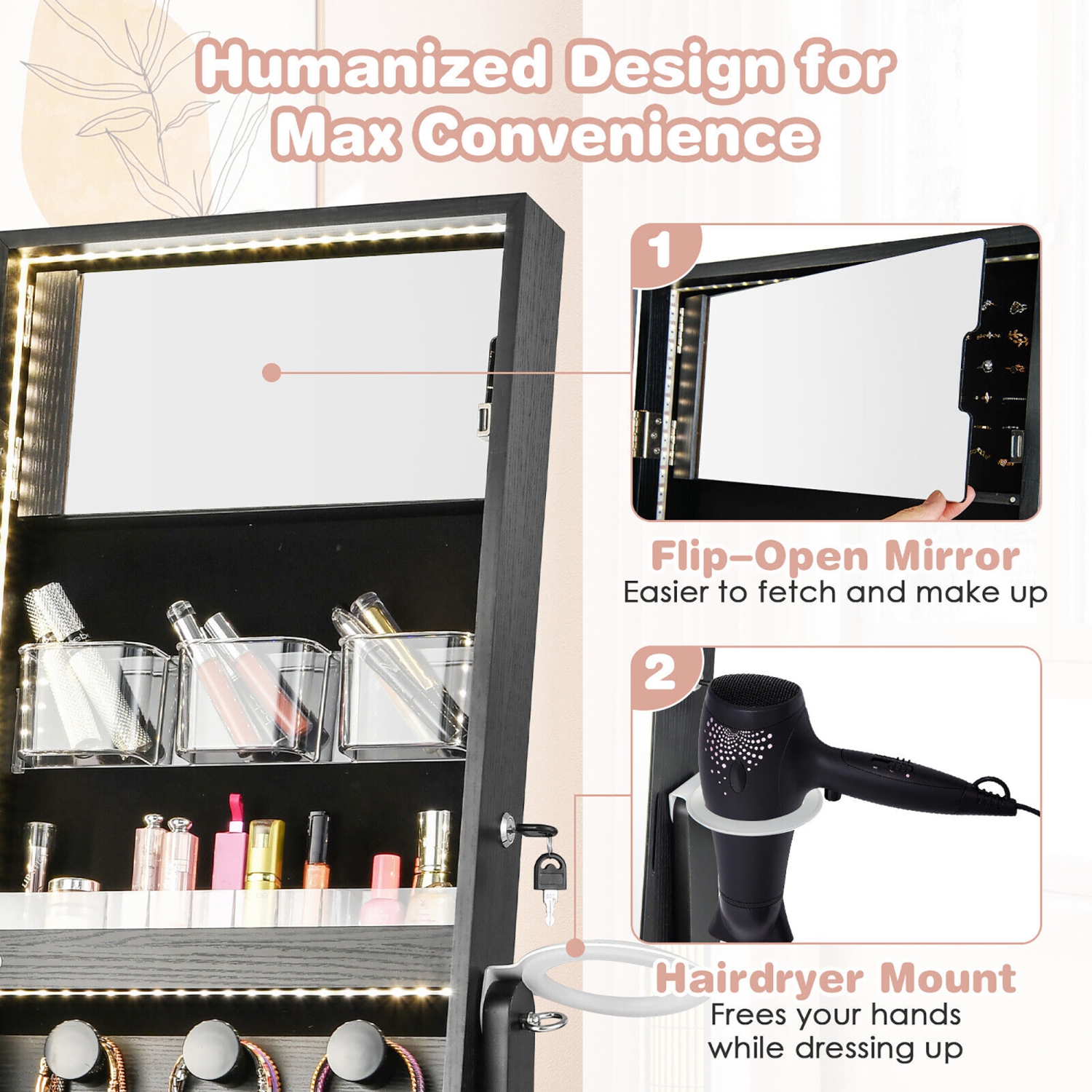 Gymax Standing Jewelry Cabinet Full Length Mirror Lockable w/ 3-Color LED Lights