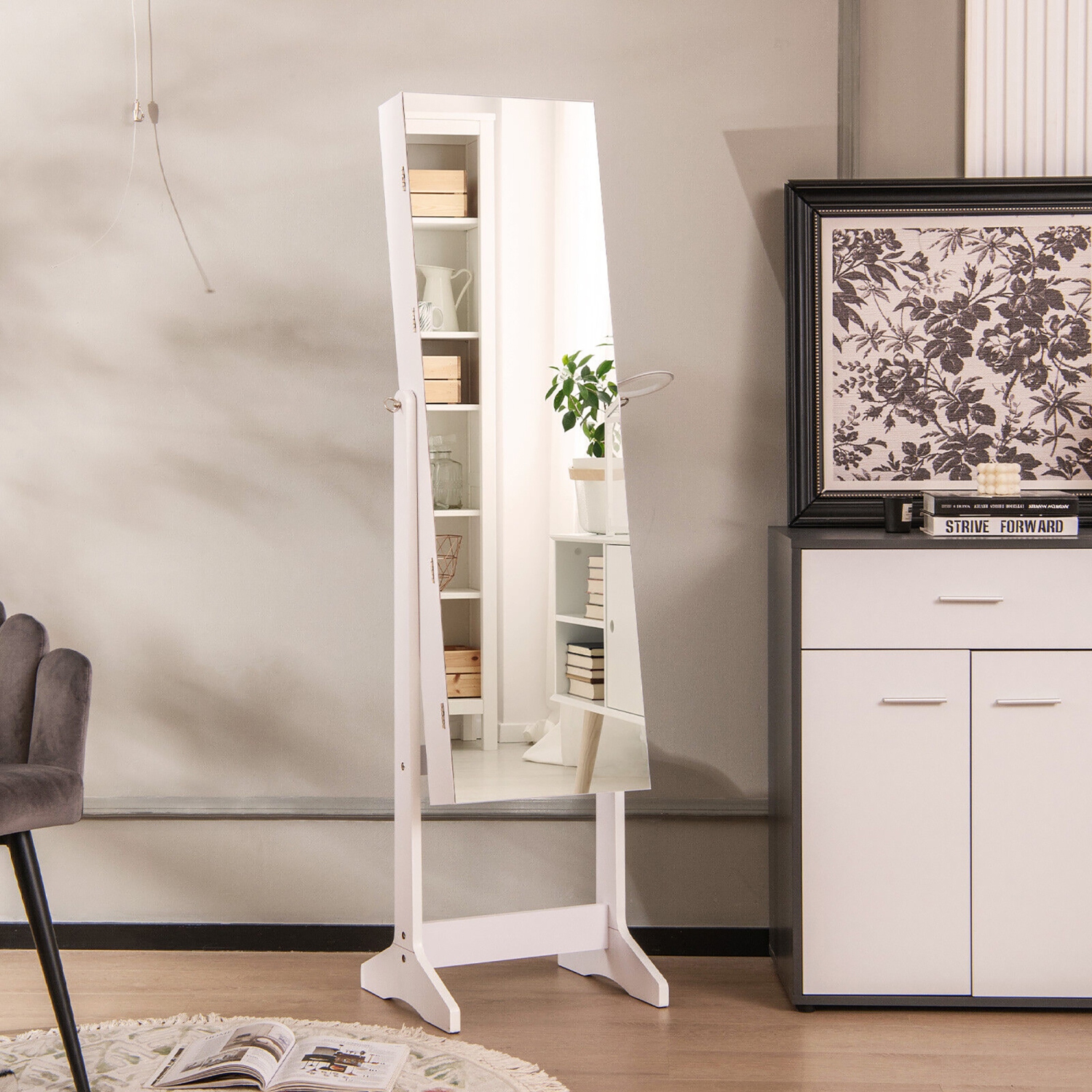 Gymax Standing Jewelry Cabinet Full Length Mirror Lockable w/ 3-Color LED Lights