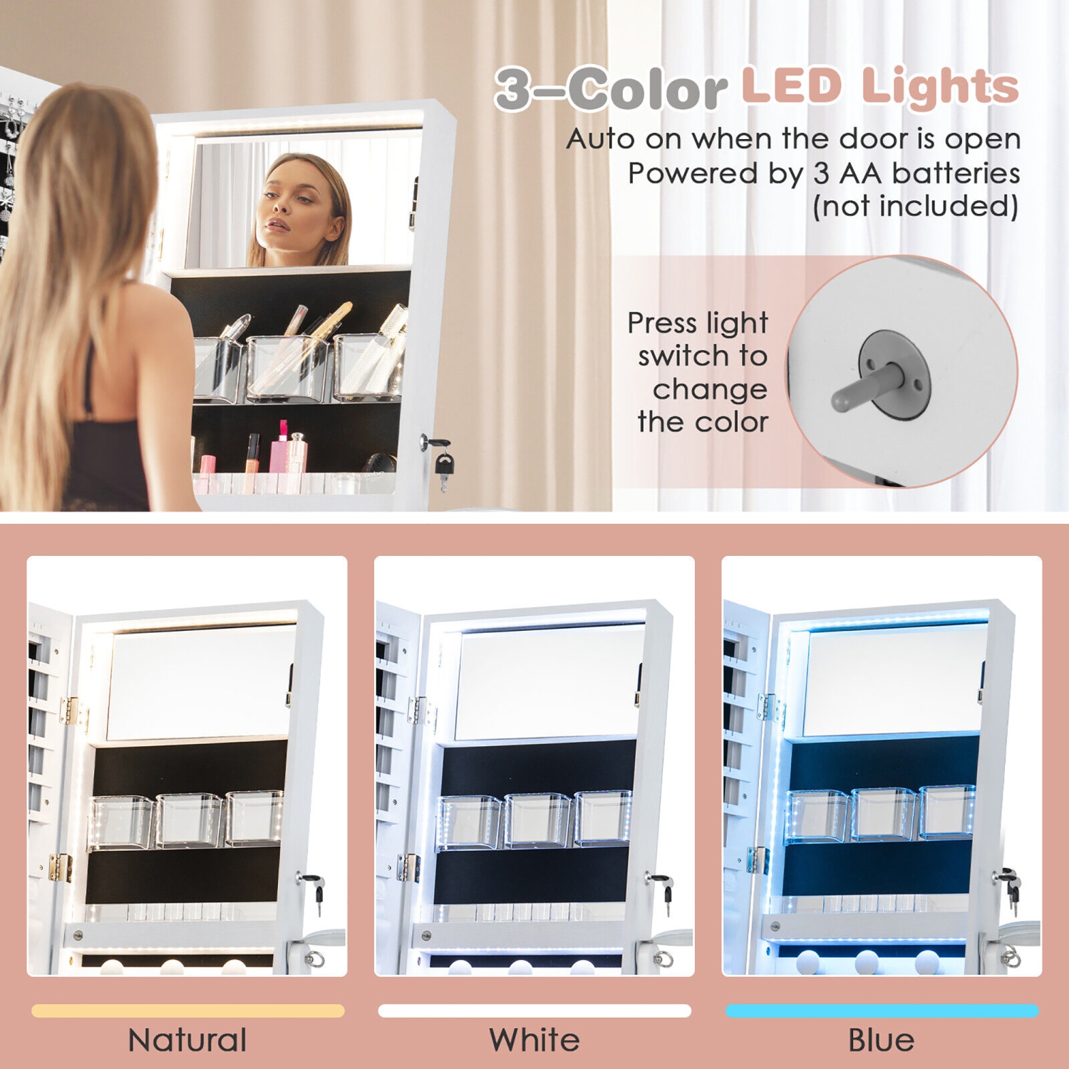 Gymax Standing Jewelry Cabinet Full Length Mirror Lockable w/ 3-Color LED Lights