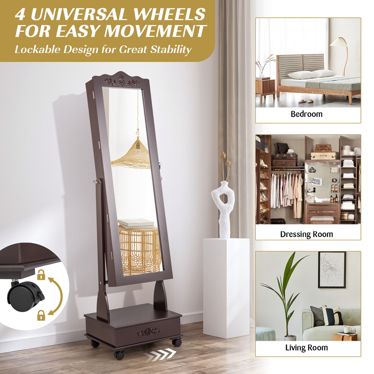 Gymax Rolling Jewelry Cabinet Armoire Full Length LED Mirror Lockable w/ Drawer