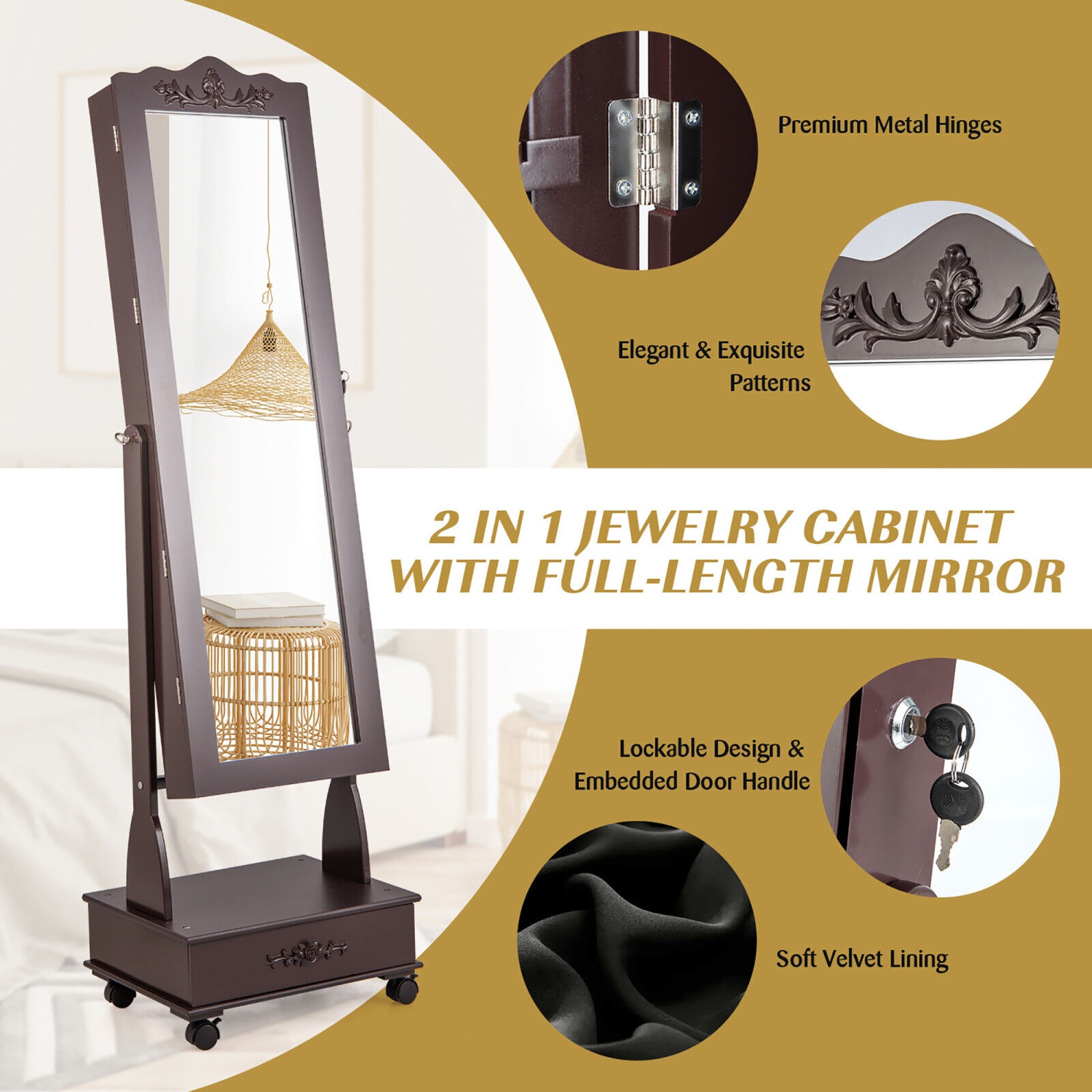 Gymax Rolling Jewelry Cabinet Armoire Full Length LED Mirror Lockable w/ Drawer
