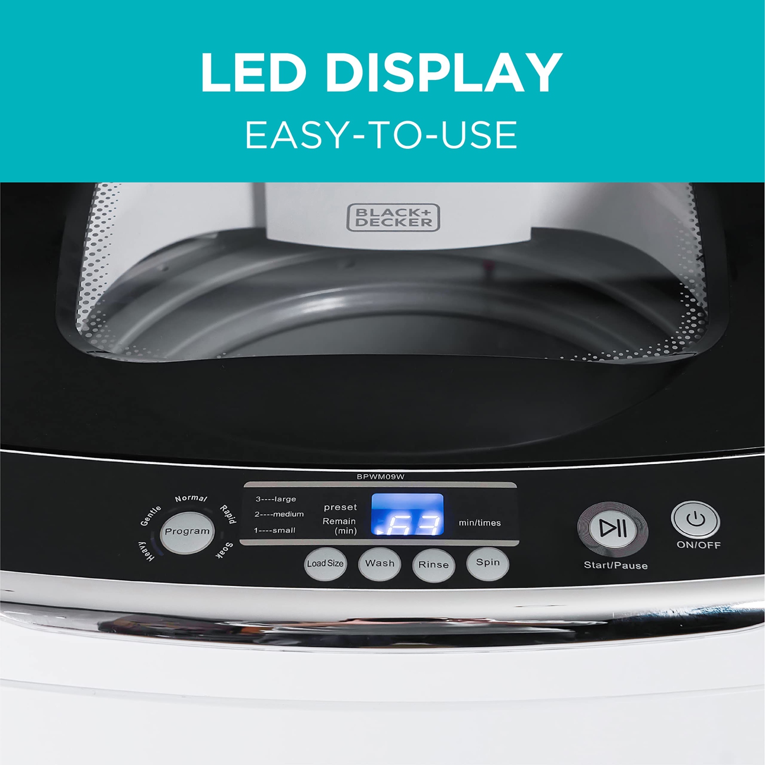 BLACK+DECKER Small Portable Washer, Portable Washer 0.9 Cu. Ft. with 5 Cycles, Transparent Lid & LED Display