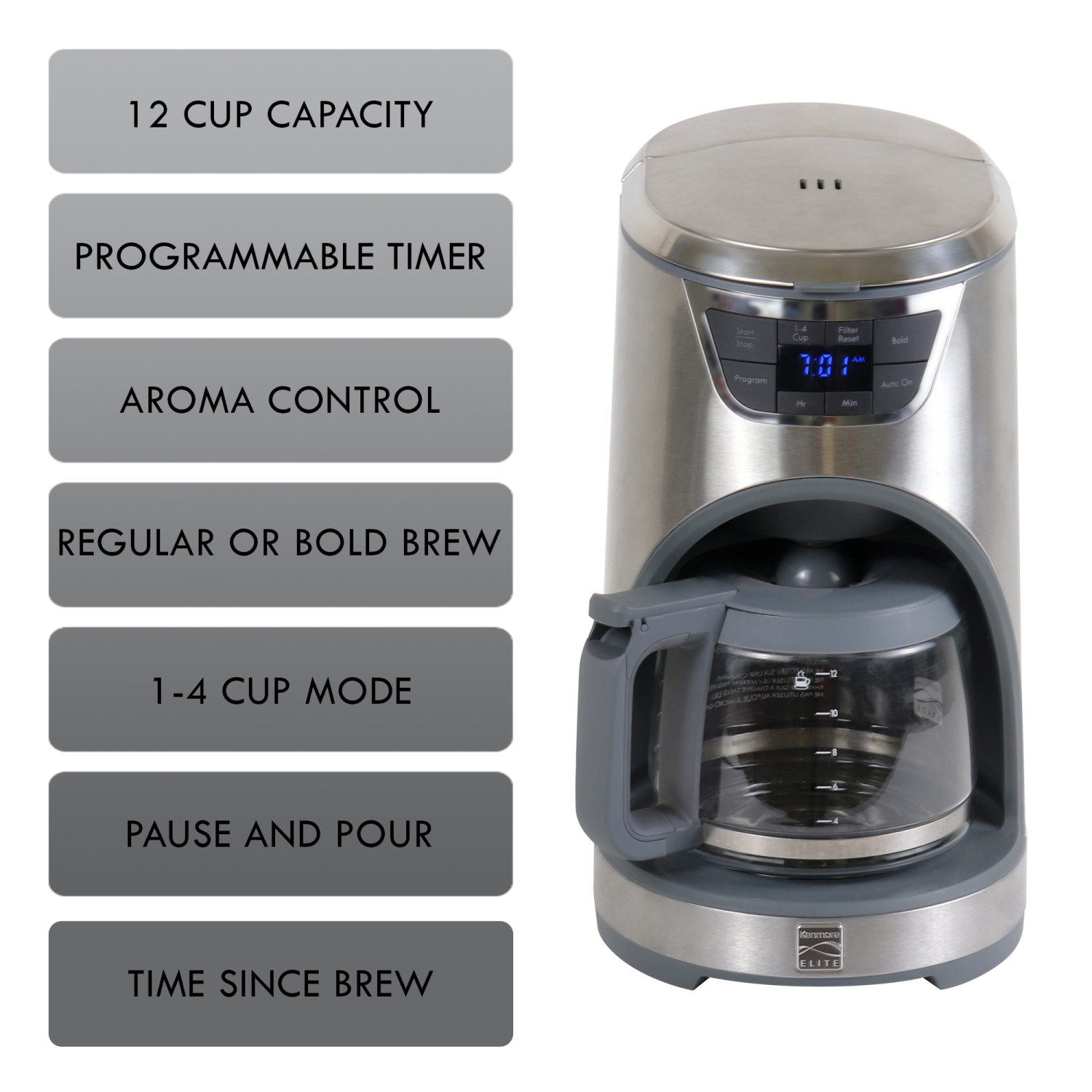 Kenmore 12-cup Coffee Maker With Aroma Control, Stainless Steel, Removable Water Tank, Glass Carafe, LED Display, Reusable Filter