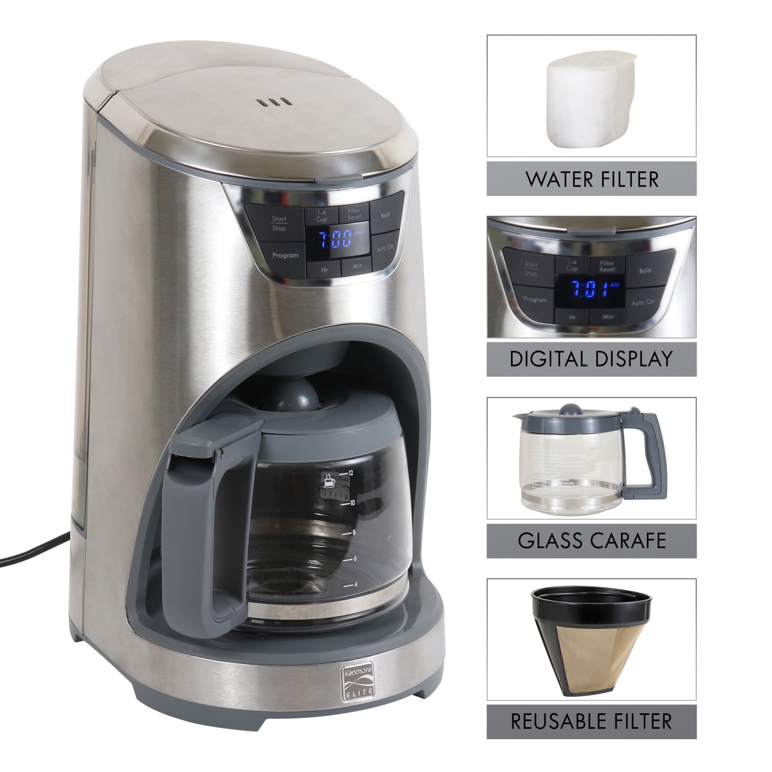 Kenmore 12-cup Coffee Maker With Aroma Control, Stainless Steel, Removable Water Tank, Glass Carafe, LED Display, Reusable Filter
