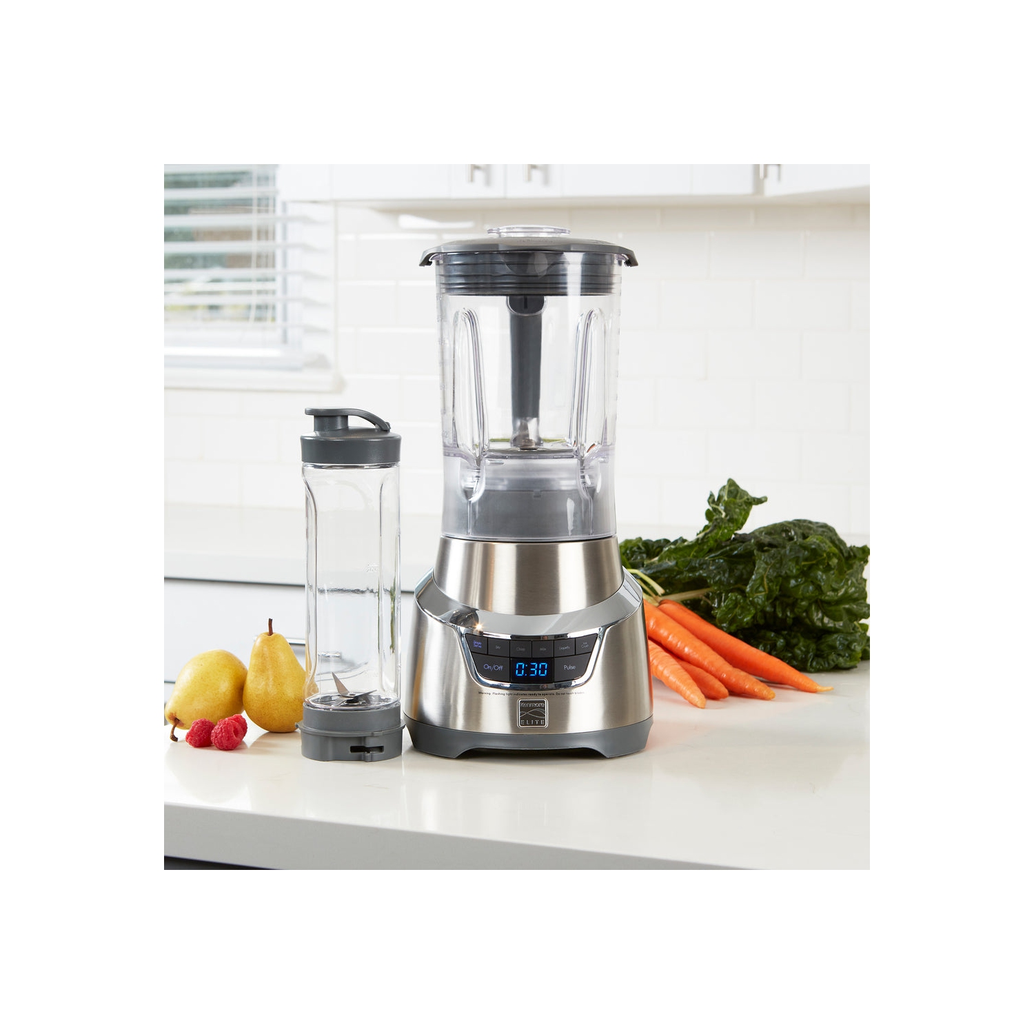 Kenmore Elite 1.3 HP 64 oz Blender With 20 oz Single-Serve Blending Cup, Powerful Ice-Crushing Motor with To-Go Lid, Grey and Stainless Steel