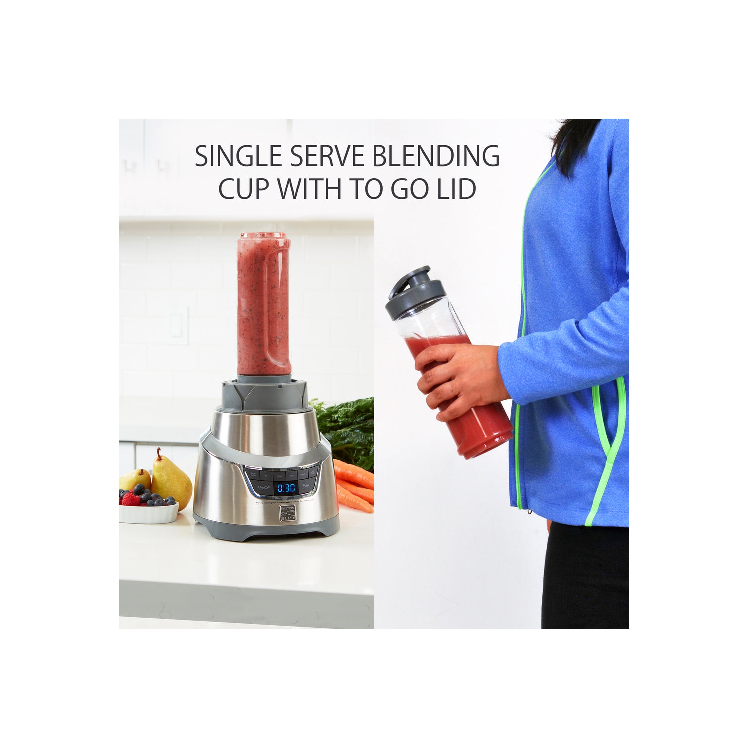 Kenmore Elite 1.3 HP 64 oz Blender With 20 oz Single-Serve Blending Cup, Powerful Ice-Crushing Motor with To-Go Lid, Grey and Stainless Steel