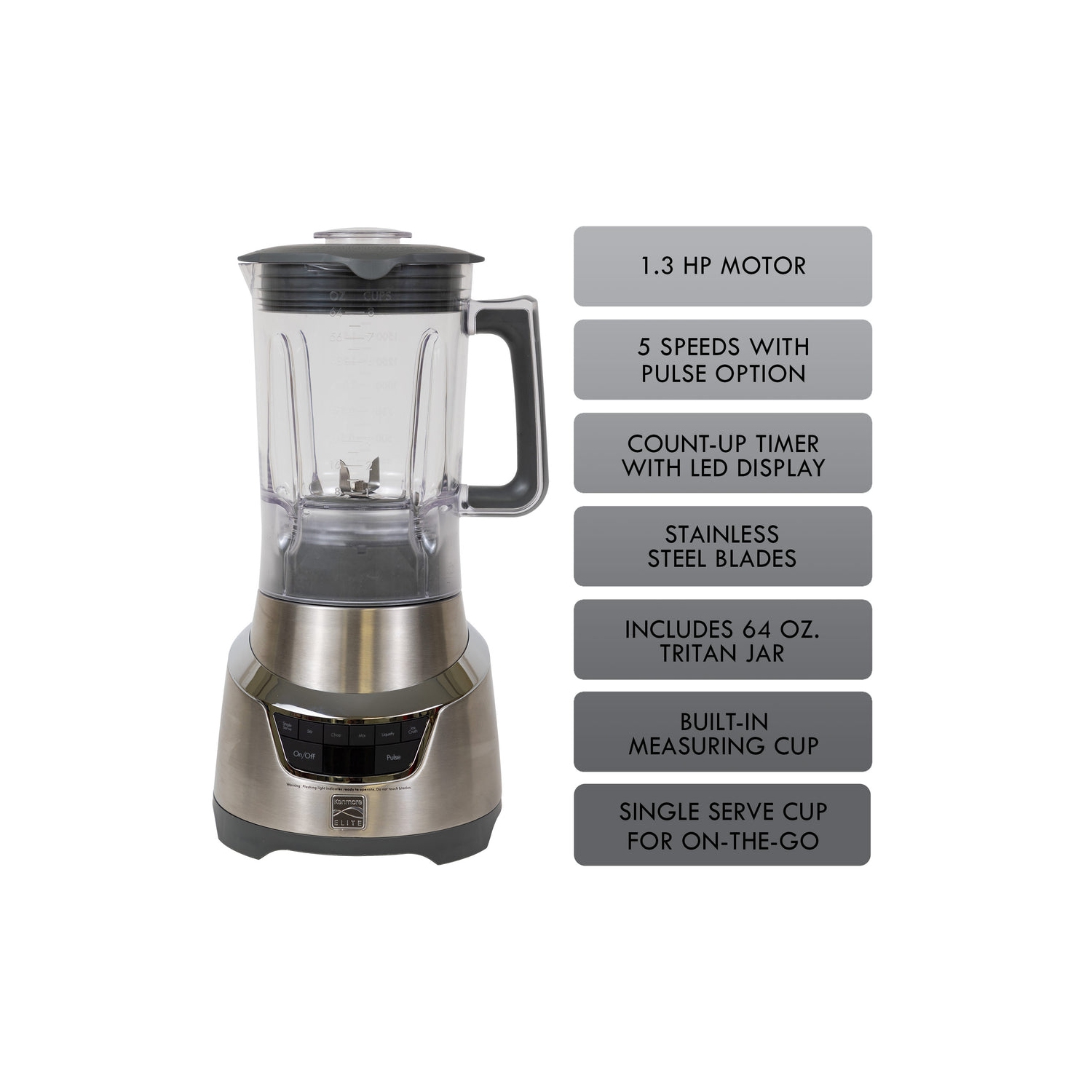 Kenmore Elite 1.3 HP 64 oz Blender With 20 oz Single-Serve Blending Cup, Powerful Ice-Crushing Motor with To-Go Lid, Grey and Stainless Steel