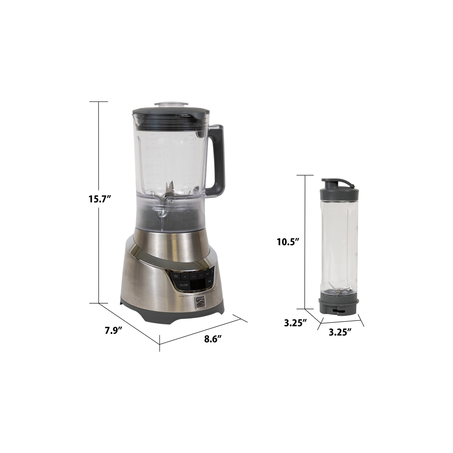 Kenmore Elite 1.3 HP 64 oz Blender With 20 oz Single-Serve Blending Cup, Powerful Ice-Crushing Motor with To-Go Lid, Grey and Stainless Steel