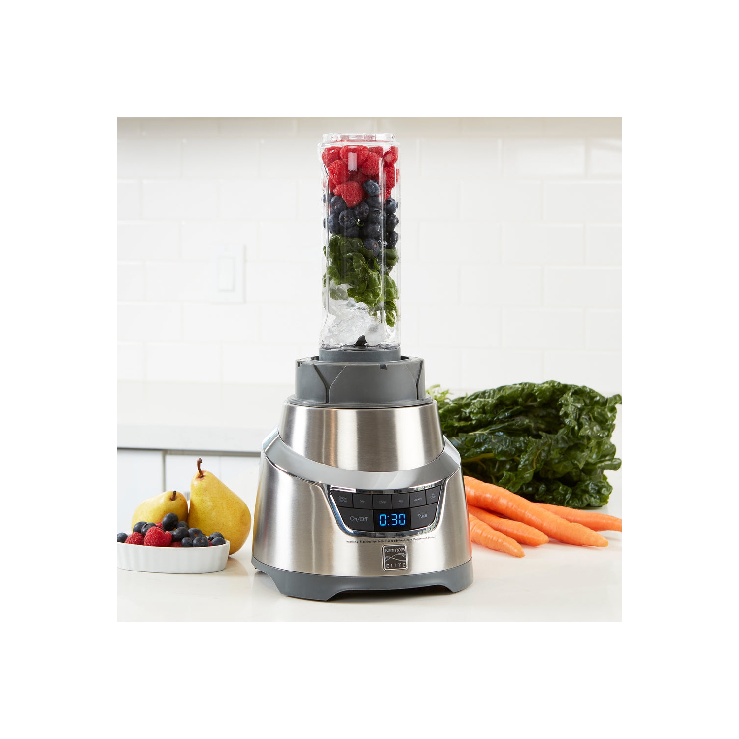 Kenmore Elite 1.3 HP 64 oz Blender With 20 oz Single-Serve Blending Cup, Powerful Ice-Crushing Motor with To-Go Lid, Grey and Stainless Steel