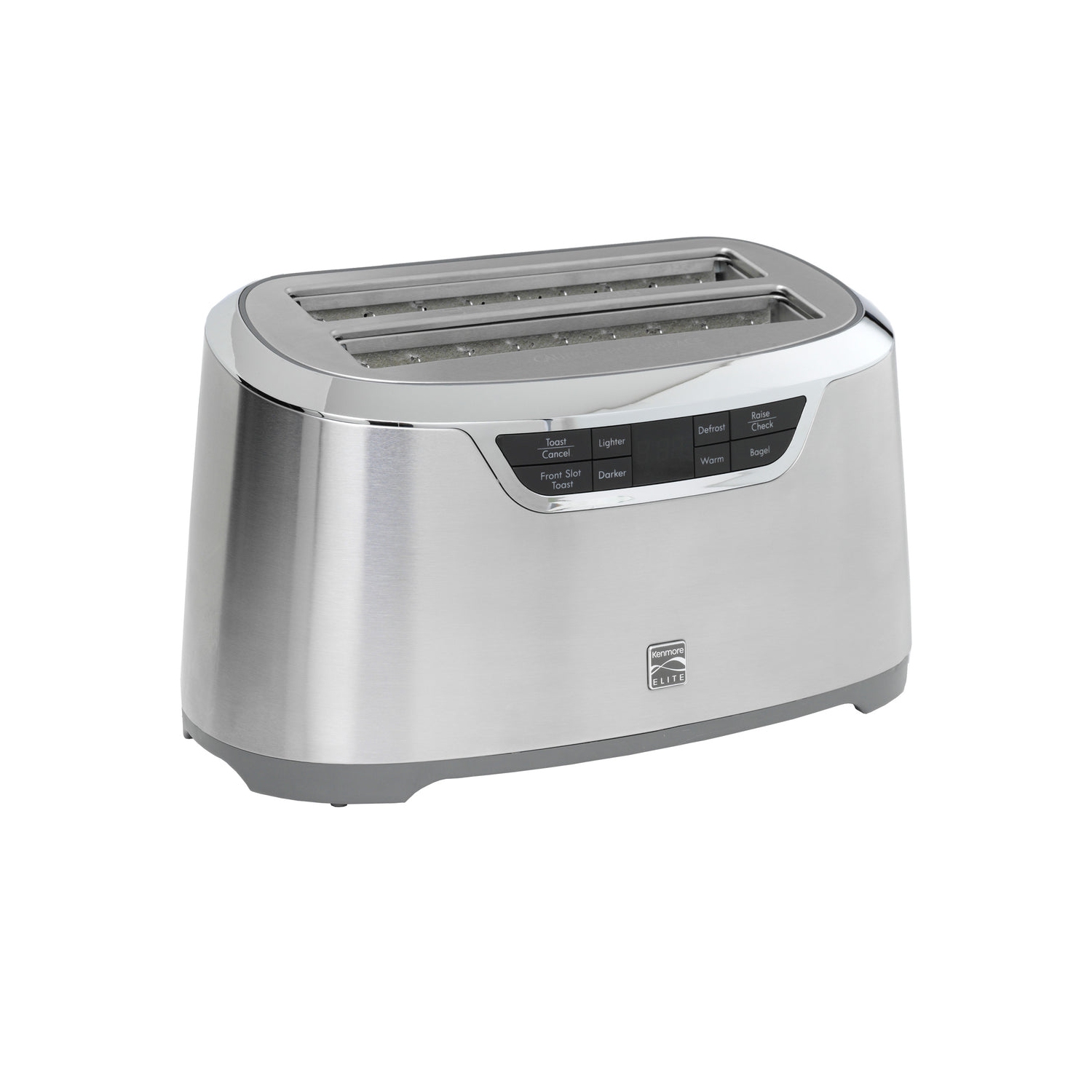 Kenmore Elite 4-Slice Long Slot Toaster Silver Stainless Steel with Auto-Lift and Digital Controls.