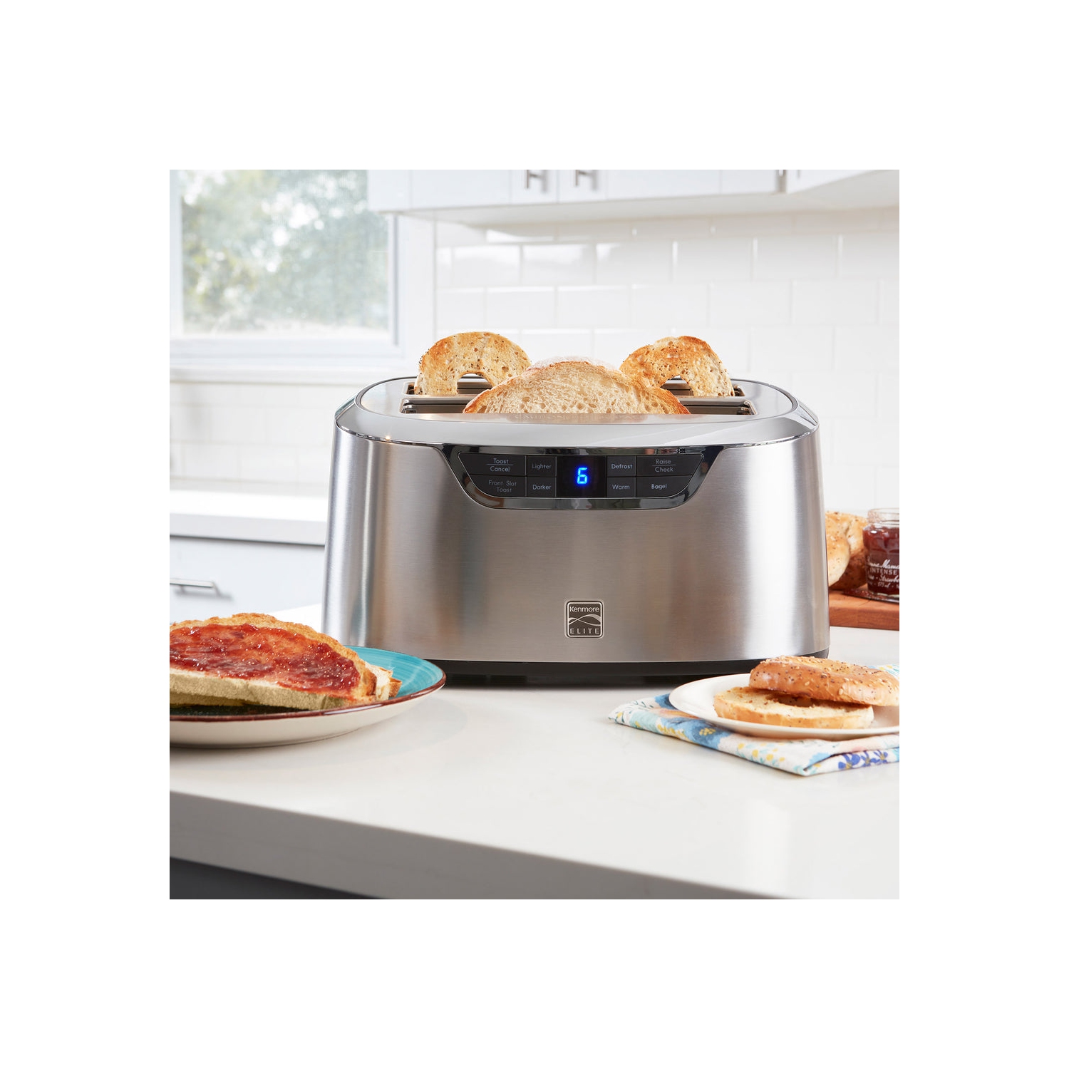 Kenmore Elite 4-Slice Long Slot Toaster Silver Stainless Steel with Auto-Lift and Digital Controls.