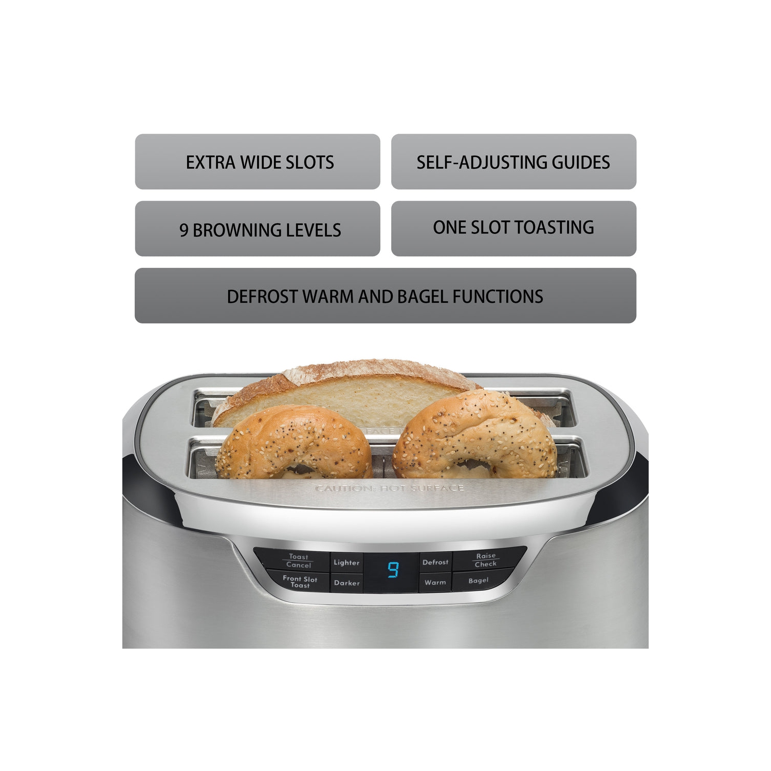 Kenmore Elite 4-Slice Long Slot Toaster Silver Stainless Steel with Auto-Lift and Digital Controls.