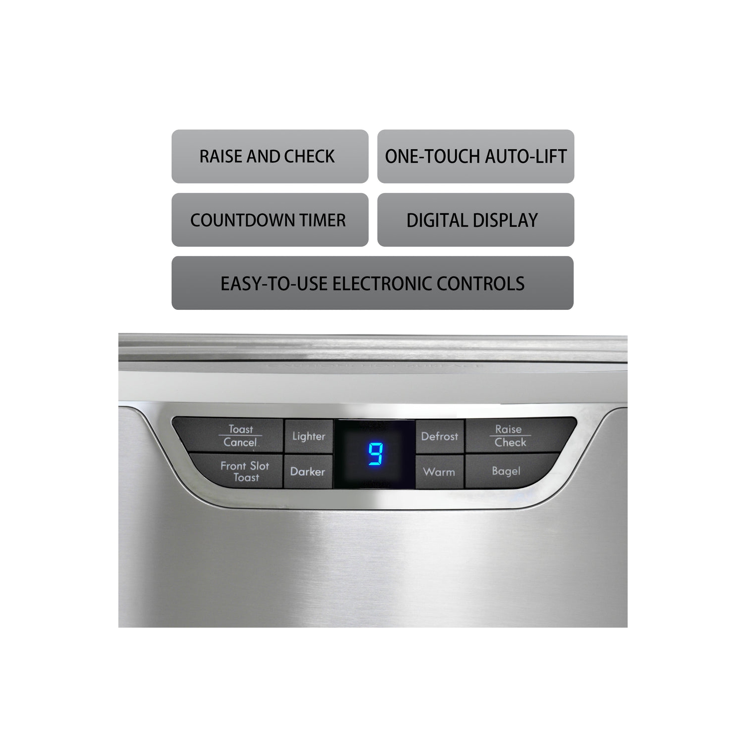 Kenmore Elite 4-Slice Long Slot Toaster Silver Stainless Steel with Auto-Lift and Digital Controls.
