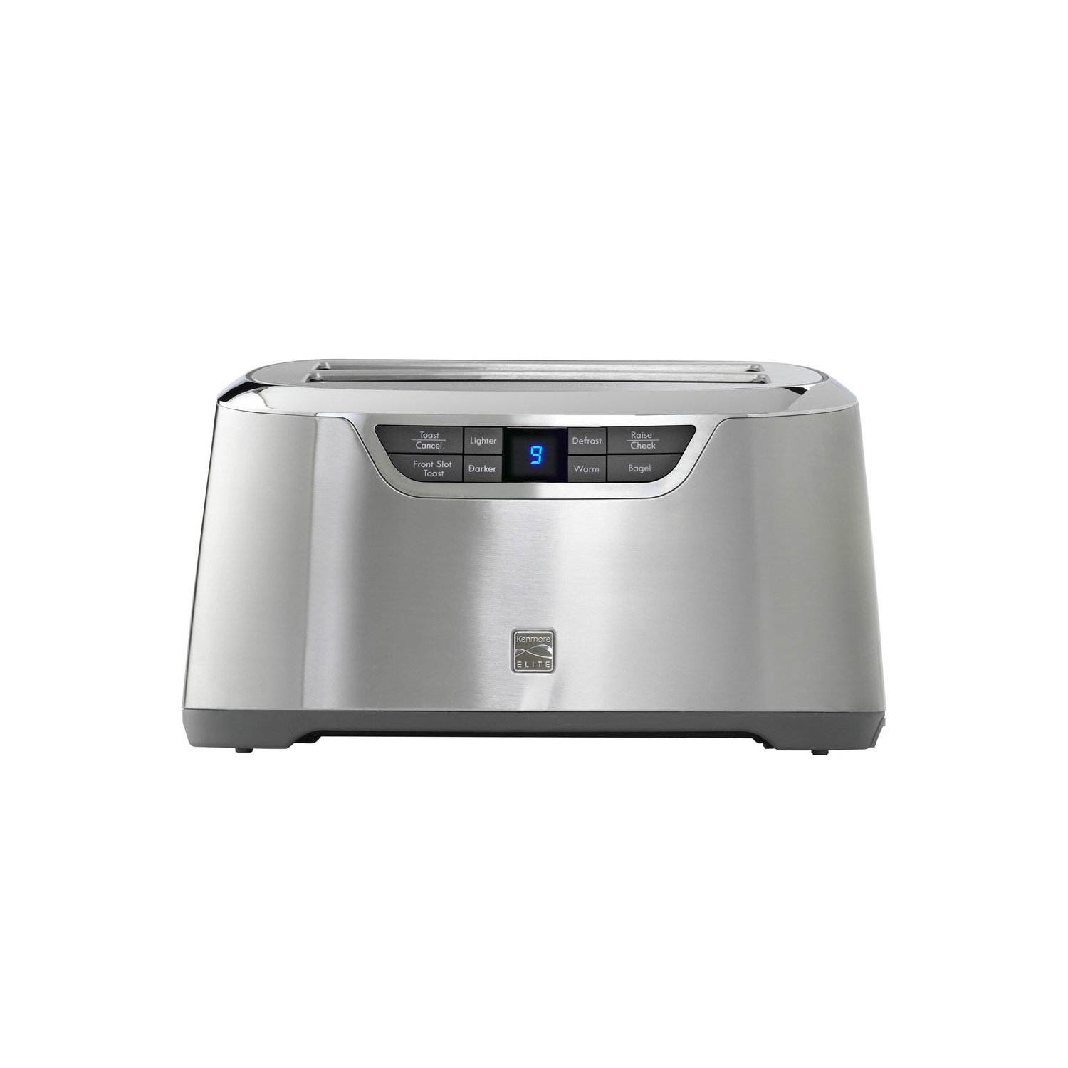 Kenmore Elite 4-Slice Long Slot Toaster Silver Stainless Steel with Auto-Lift and Digital Controls.