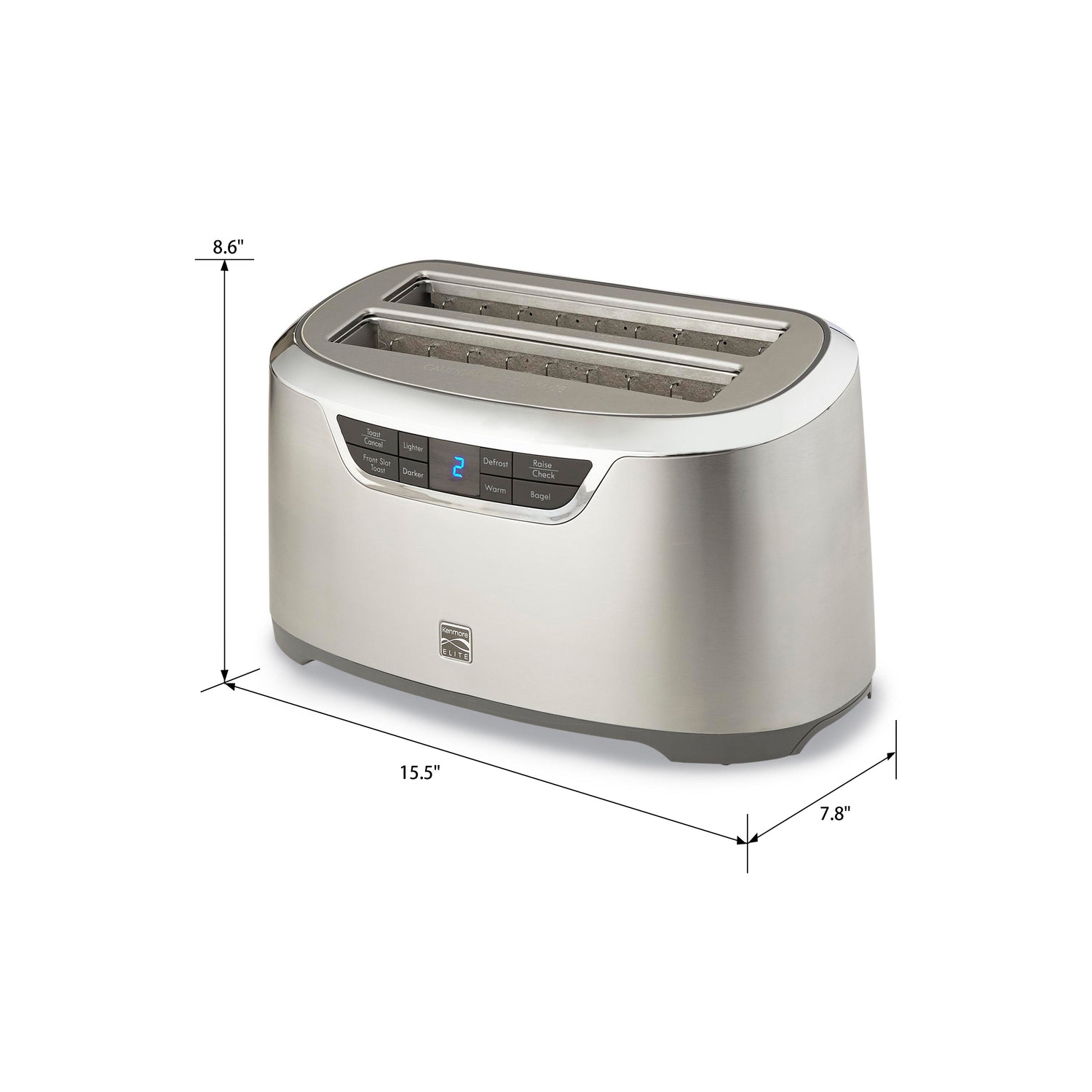 Kenmore Elite 4-Slice Long Slot Toaster Silver Stainless Steel with Auto-Lift and Digital Controls.