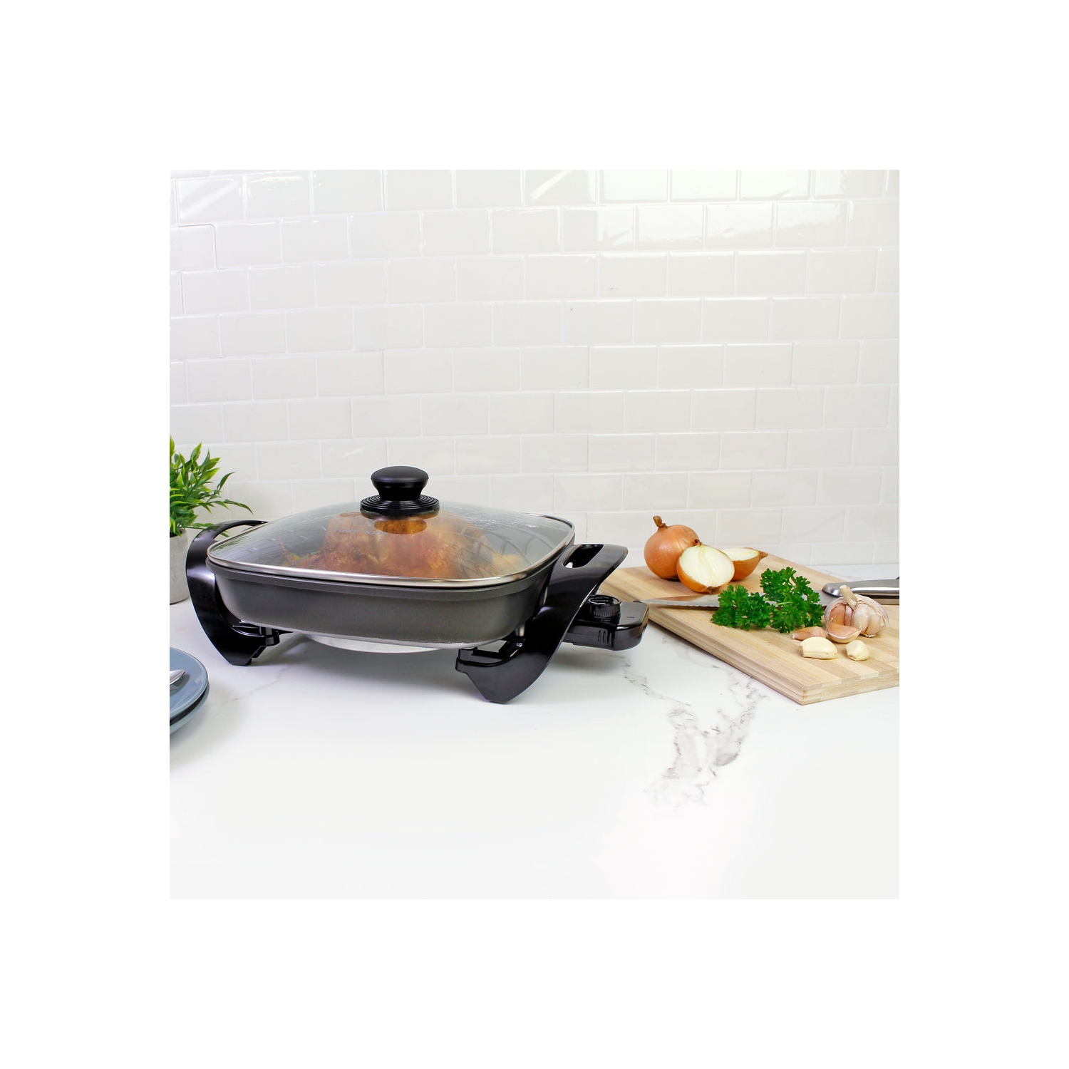 Kenmore Non-Stick Electric Skillet with Tempered Glass Lid, Black and Grey, 12 x12" Cooking Surface