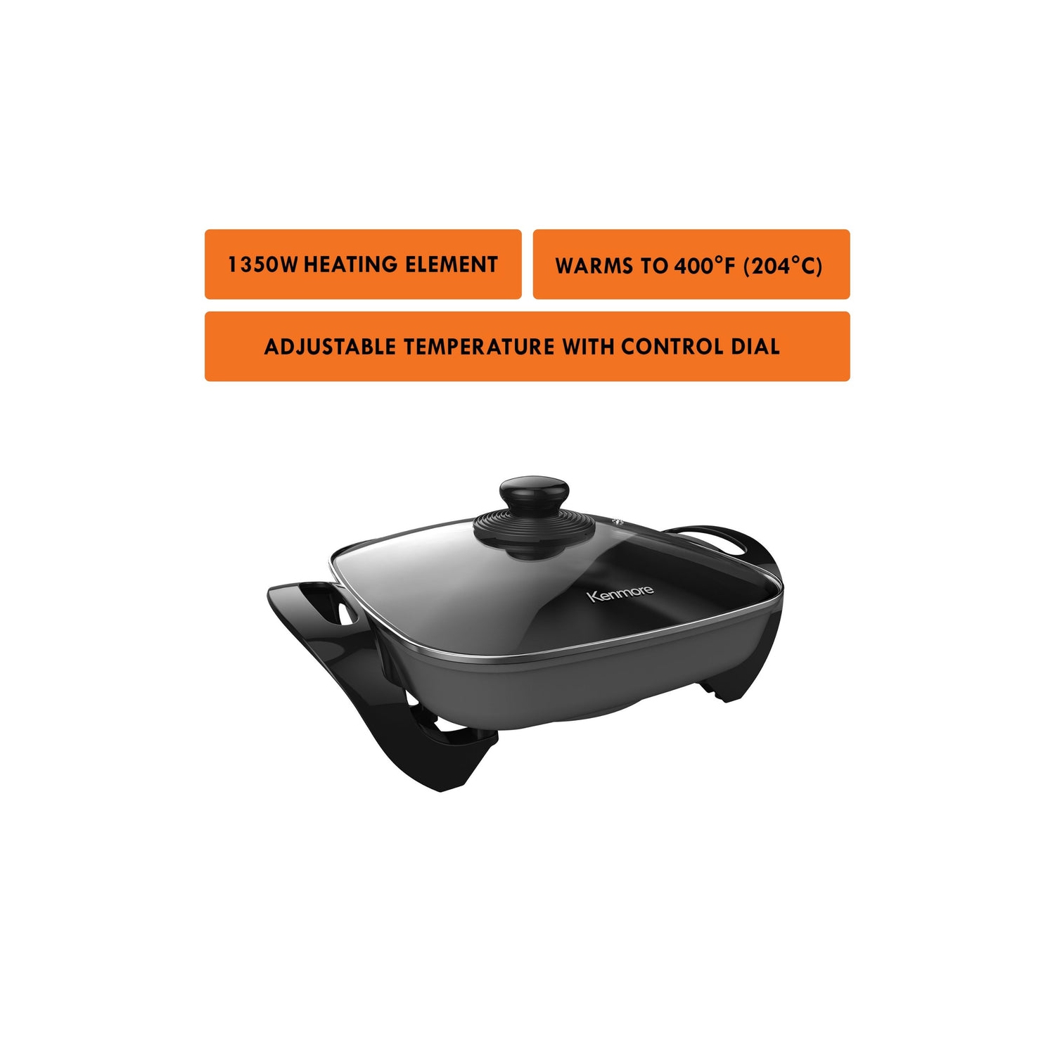 Kenmore Non-Stick Electric Skillet with Tempered Glass Lid, Black and Grey, 12 x12" Cooking Surface