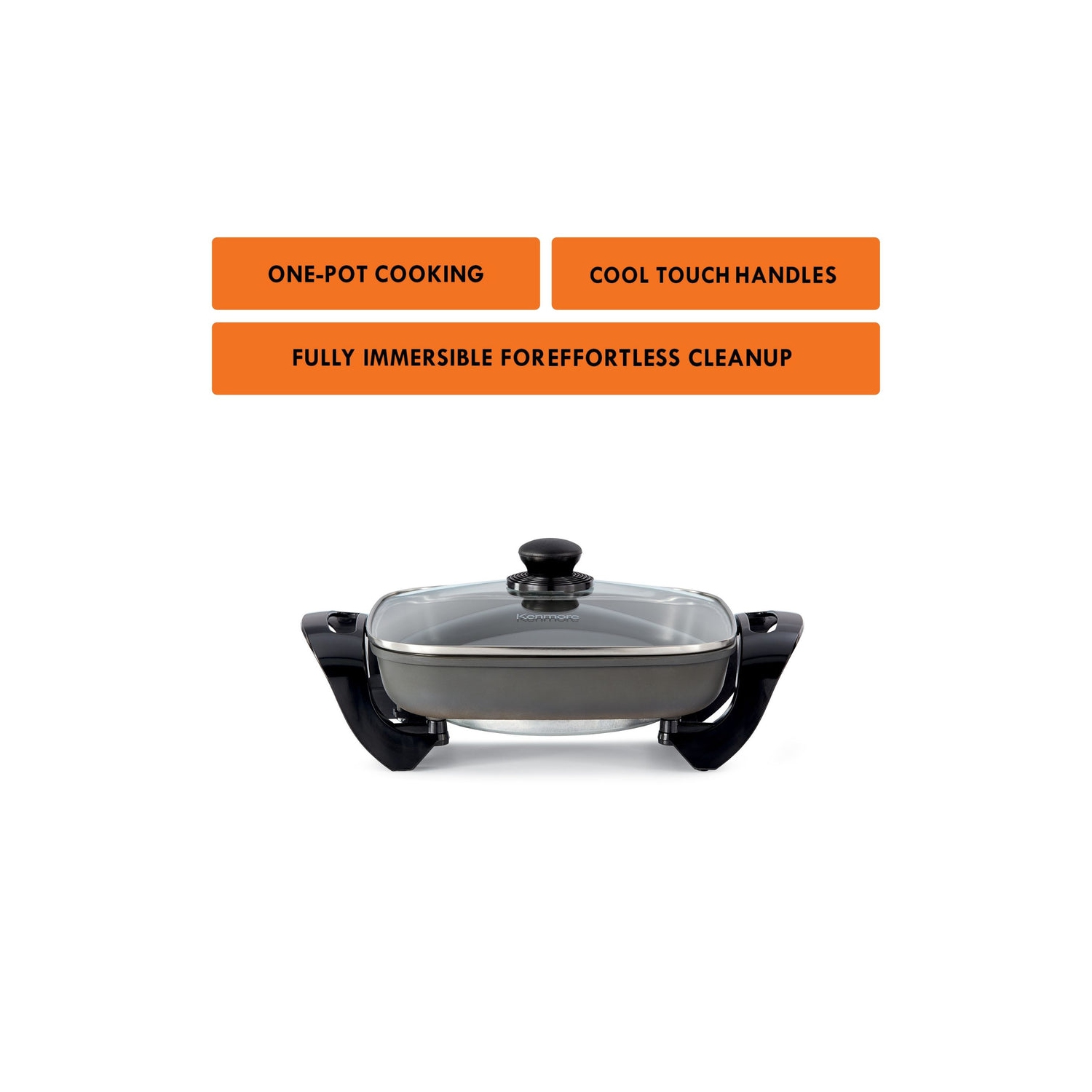 Kenmore Non-Stick Electric Skillet with Tempered Glass Lid, Black and Grey, 12 x12" Cooking Surface