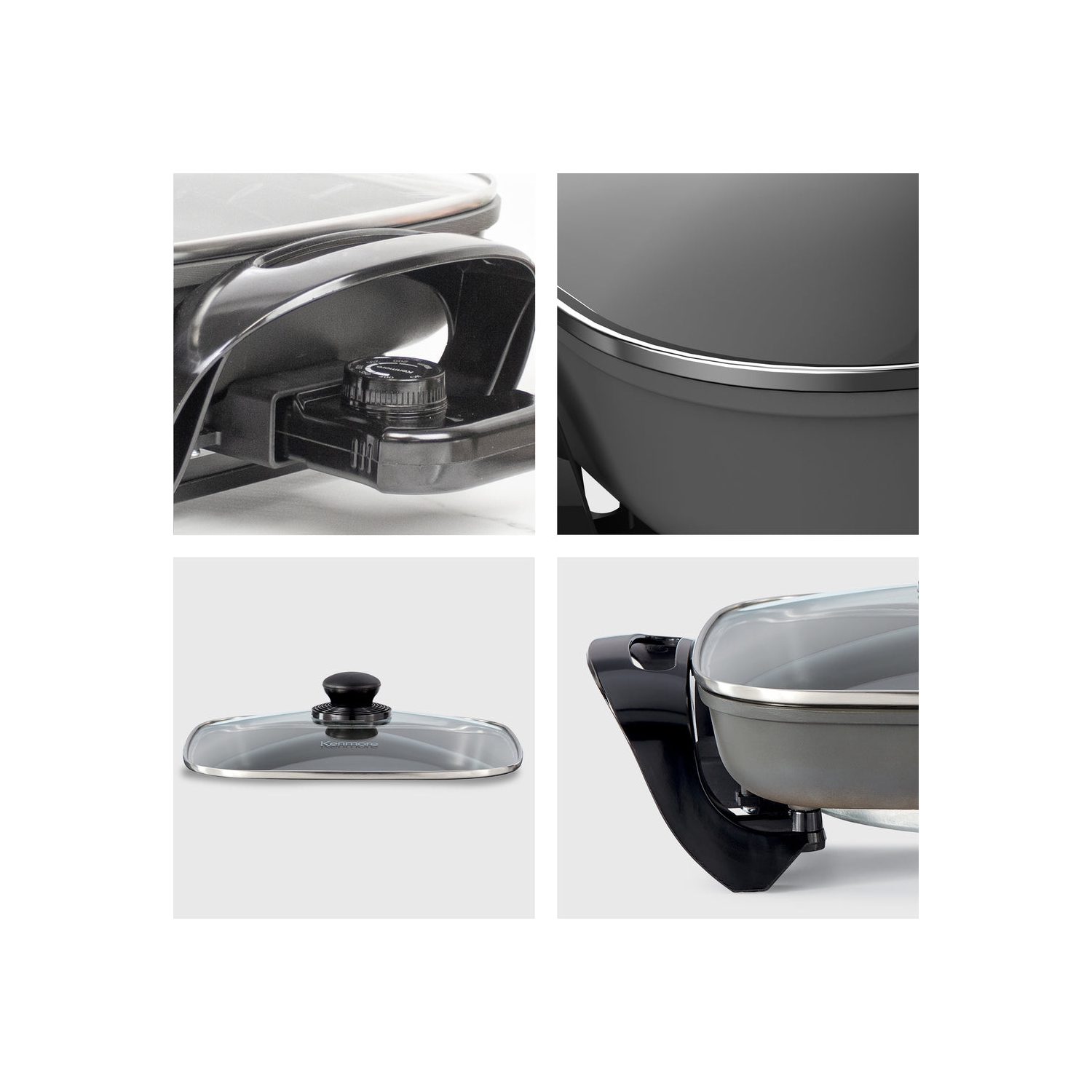 Kenmore Non-Stick Electric Skillet with Tempered Glass Lid, Black and Grey, 12 x12" Cooking Surface