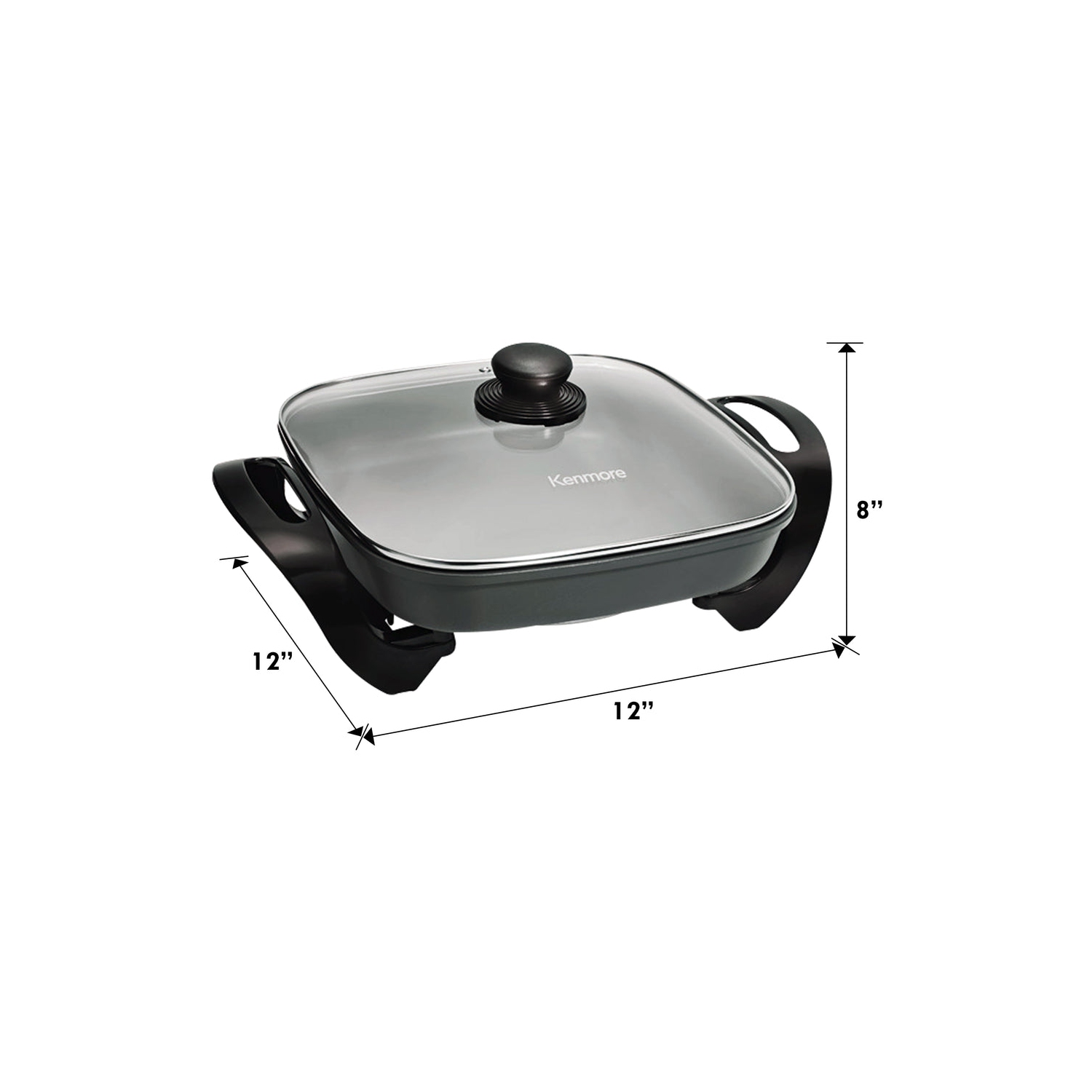 Kenmore Non-Stick Electric Skillet with Tempered Glass Lid, Black and Grey, 12 x12" Cooking Surface