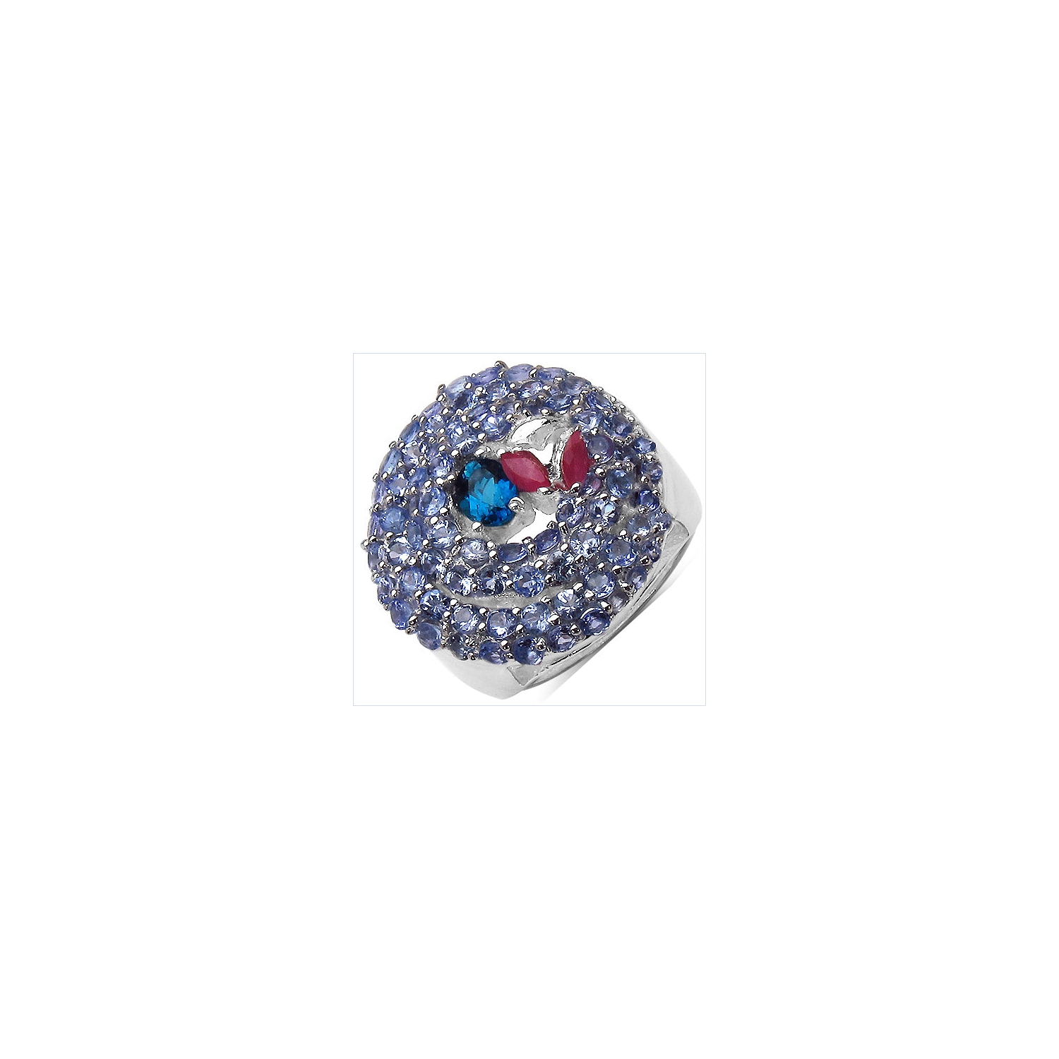 3.31 Carat Genuine London Blue Topaz , Ruby & Tanzanite .925 Sterling Silver Ring