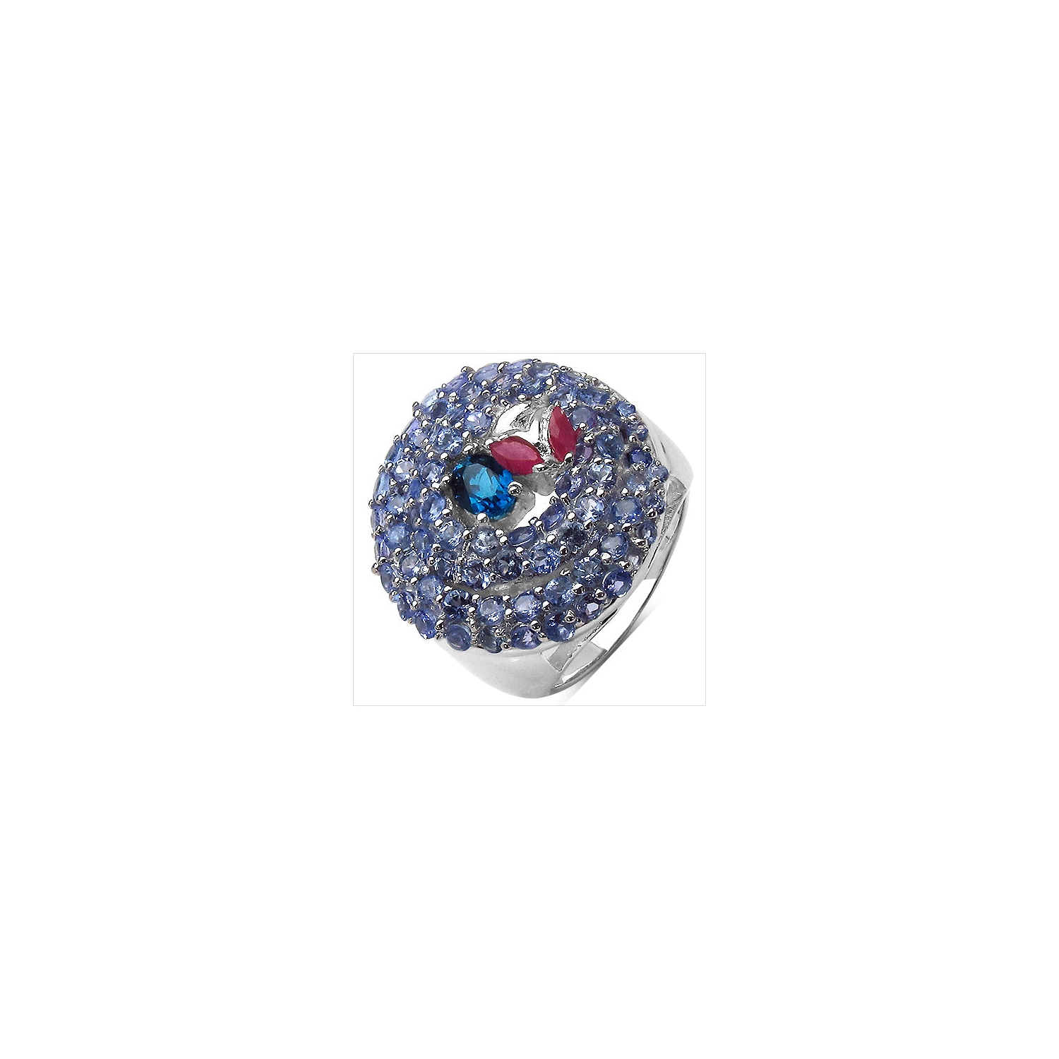 3.31 Carat Genuine London Blue Topaz , Ruby & Tanzanite .925 Sterling Silver Ring