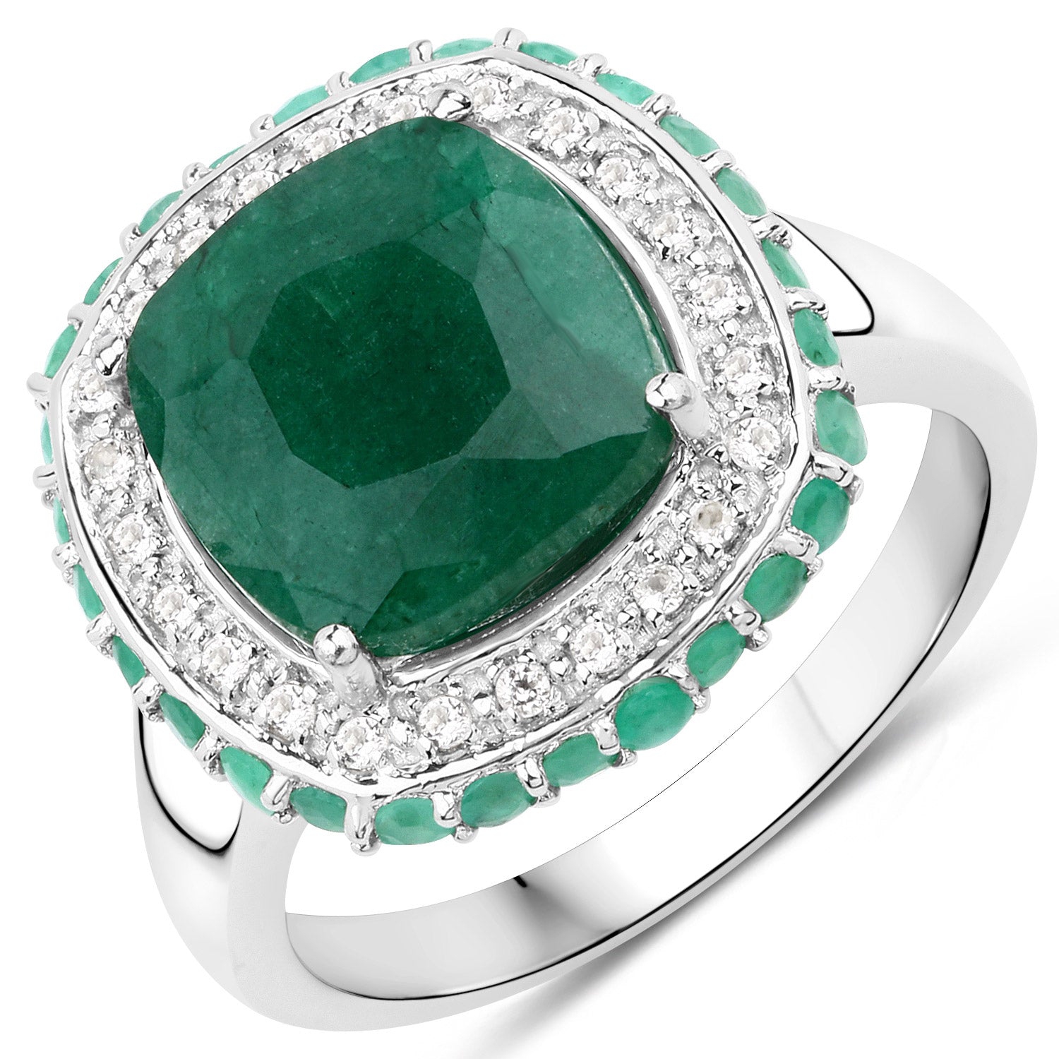 4.90 Carat Dyed Emerald, Emerald And White Topaz .925 Sterling Silver Ring