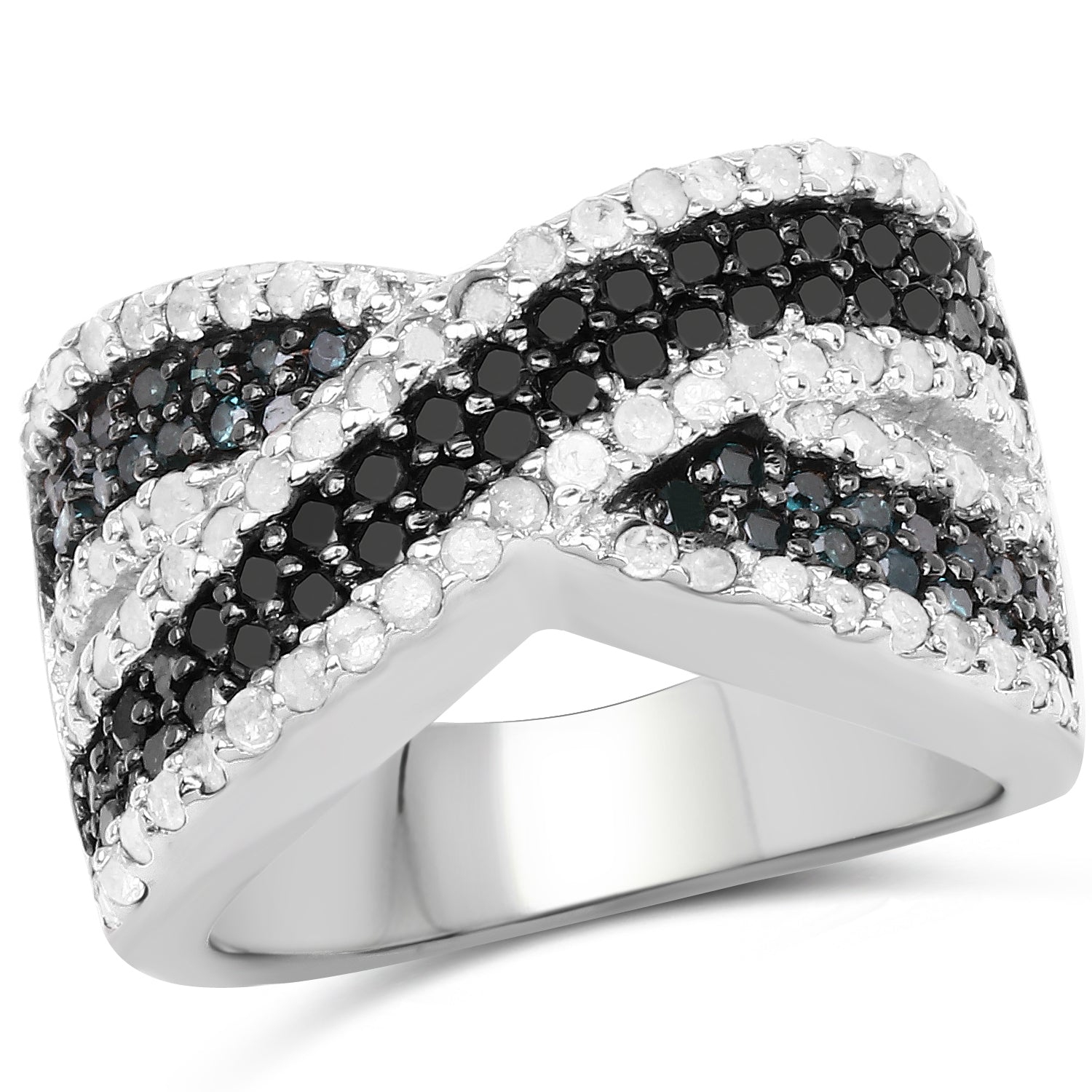 1.57 Carat Genuine Blue Diamond, White Diamond & Black Diamond .925 Sterling Silver Ring