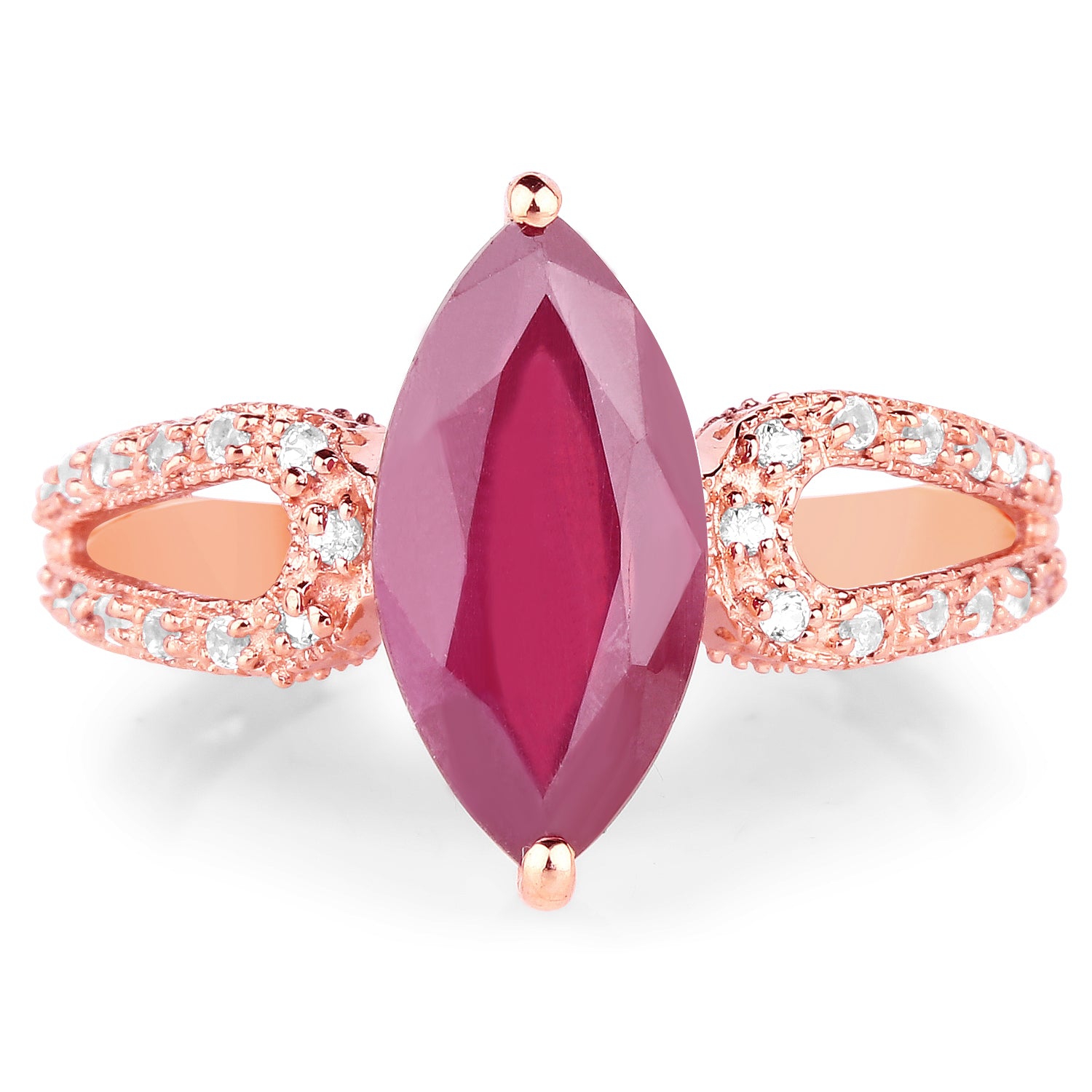 14k Rose Gold Plated 5.11 Carat Glass Filled Ruby And White Topaz .925 Sterling Silver Ring