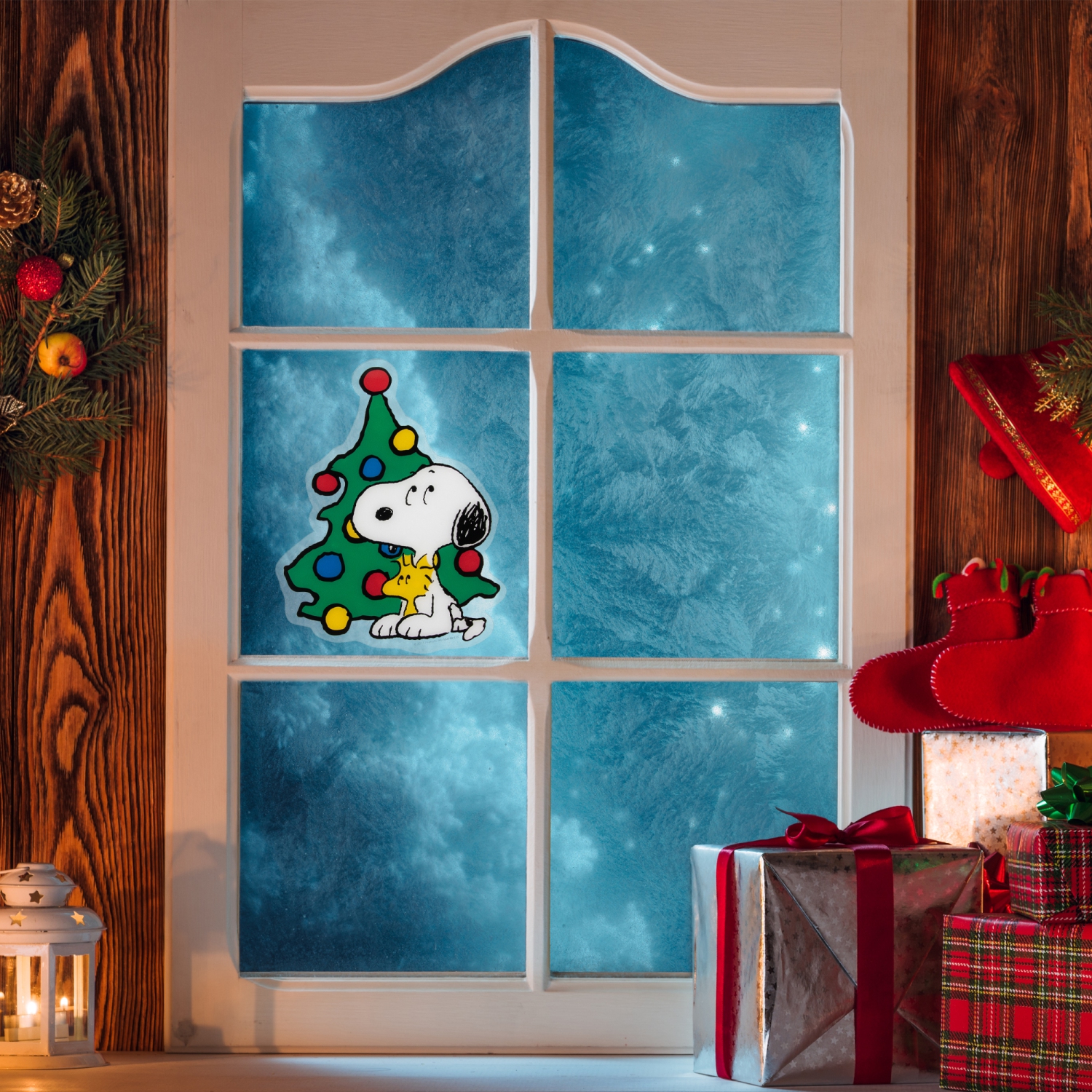 Peanuts Woodstock and Snoopy with Christmas Tree Window Cling Decoration